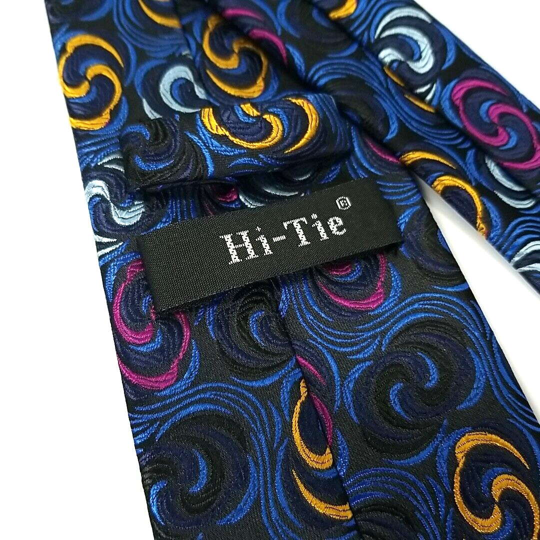 Hi-Tie Luxury Narrow Tie Blue Colorful Swirl Pattern Silk Necktie 58″ x 3.25″