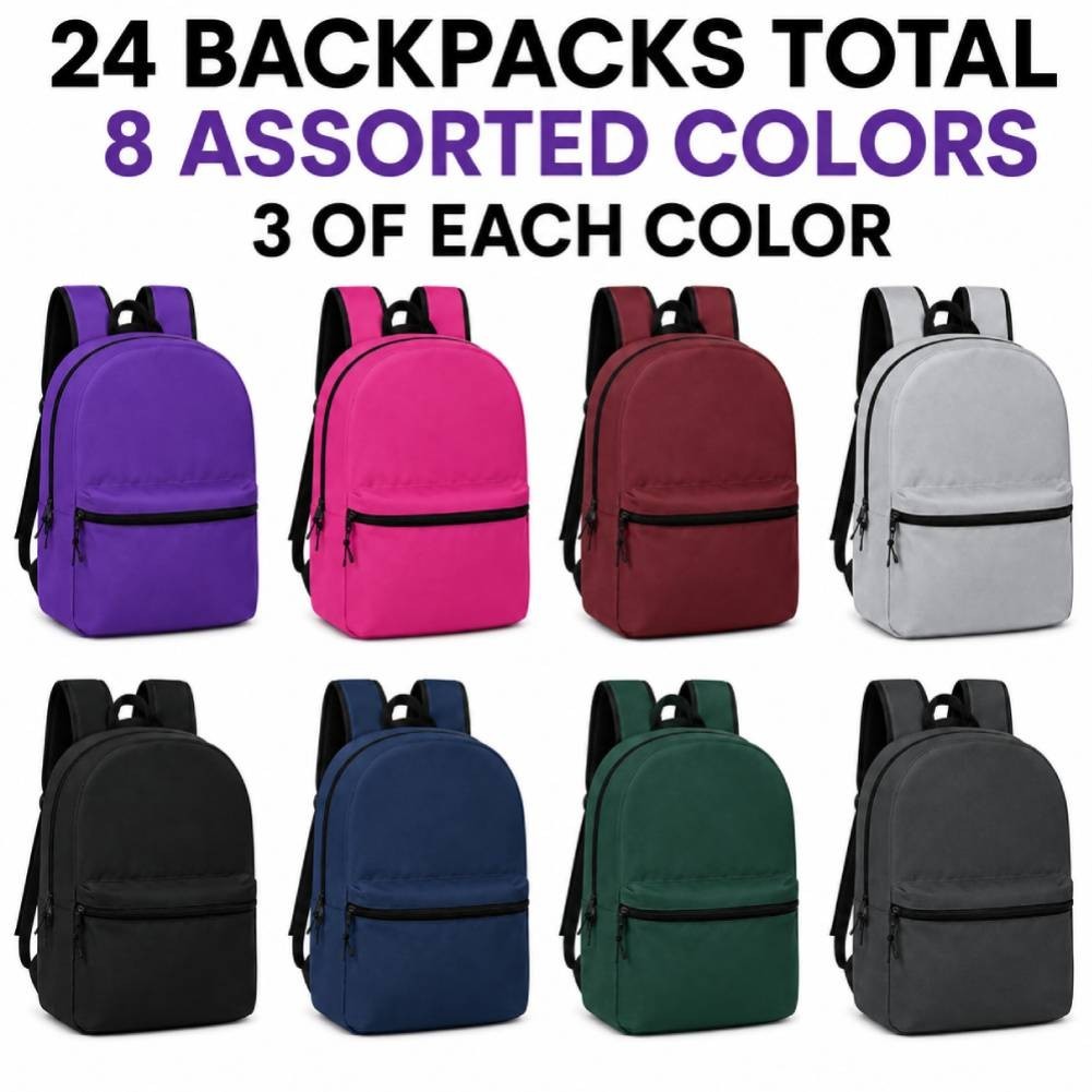 24 Pack Kids Backpacks Bulk 15″ School Bookbags Wholesale Case 8 Assorted Colors