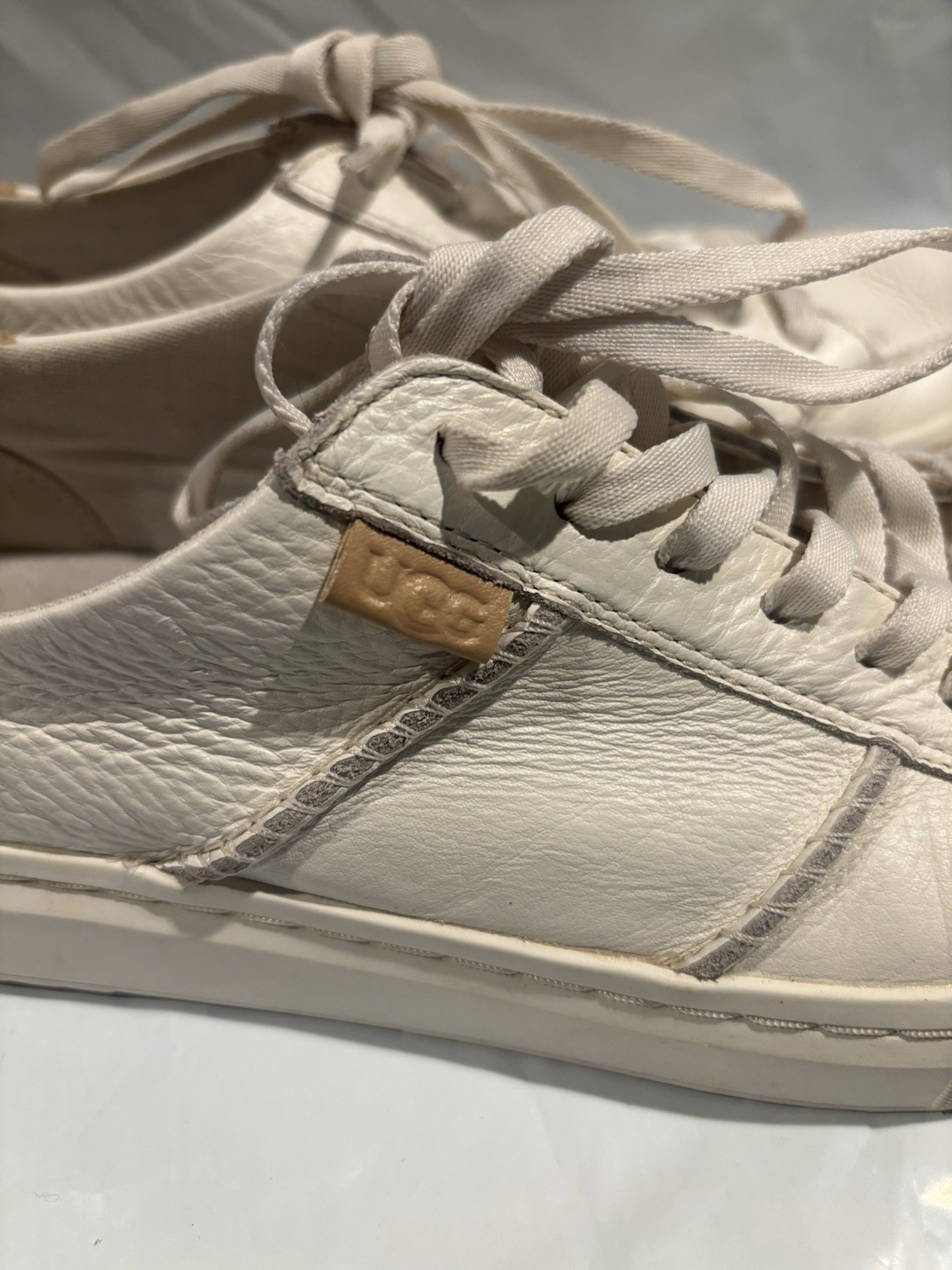 UGG Men’s White Textured Leather Lace Up Casual Sneakers Rubber Outsole