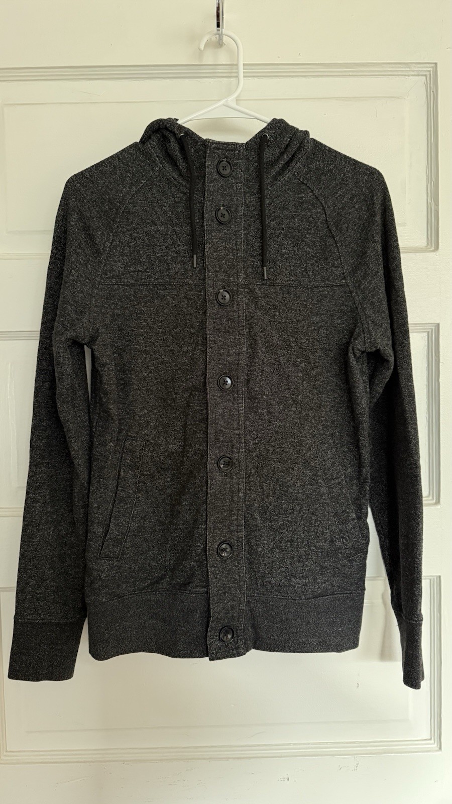 H&M Men’s Charcoal Knit Hoodie Hooded Button Front Pockets Long Sleeve Size S