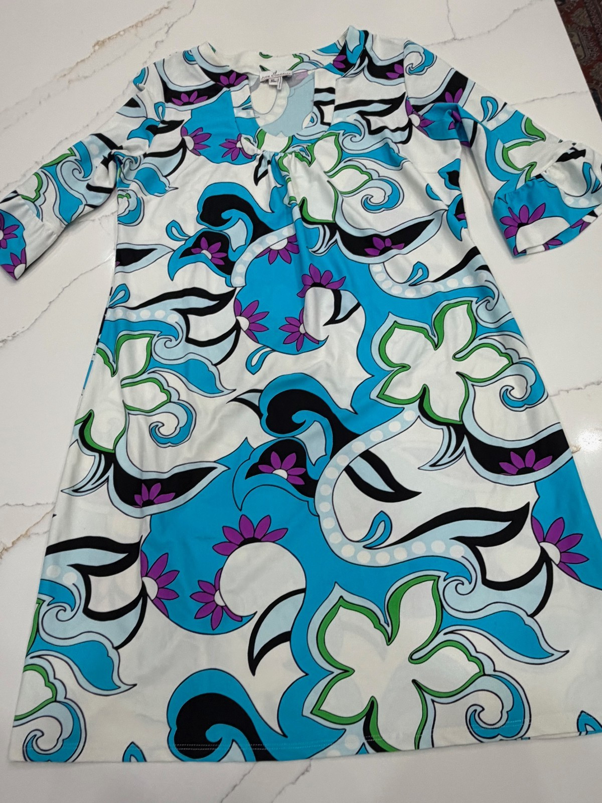 Jude Connally Turquoise and White Jersey Shift Dress Size XL 3/4 Ruffle Sleeve