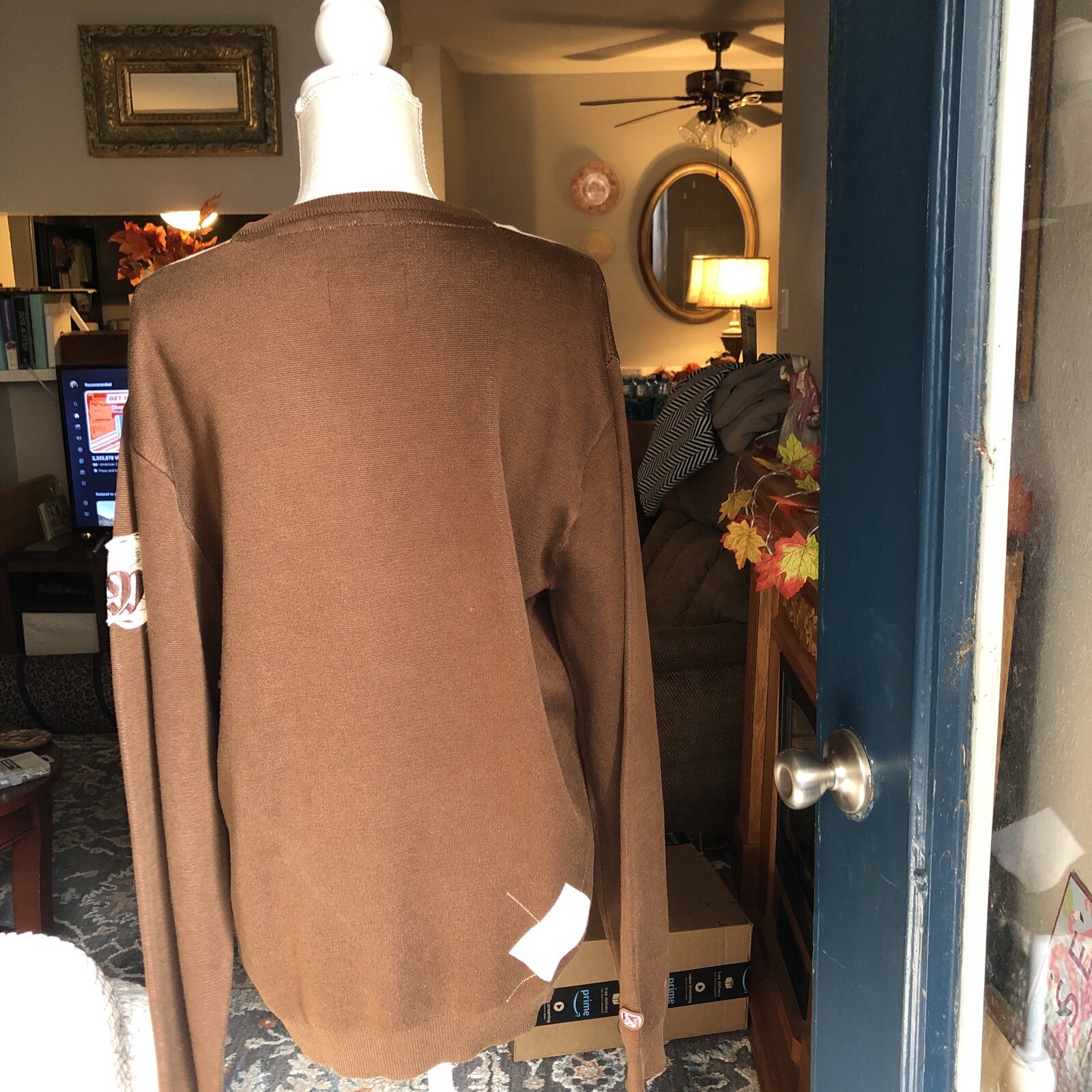 Drunknmunky Silk Argyle Sweater Brown Sz L Logo Fall (small Flaw See Pics)