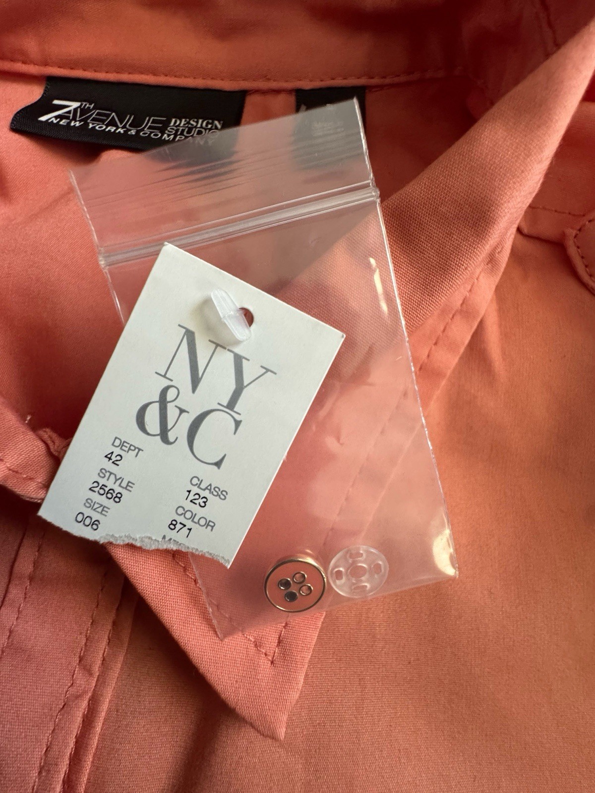 NWT 7th Avenue NY&C Coral Utility Shirt Military Button Down Pocket Epaulets