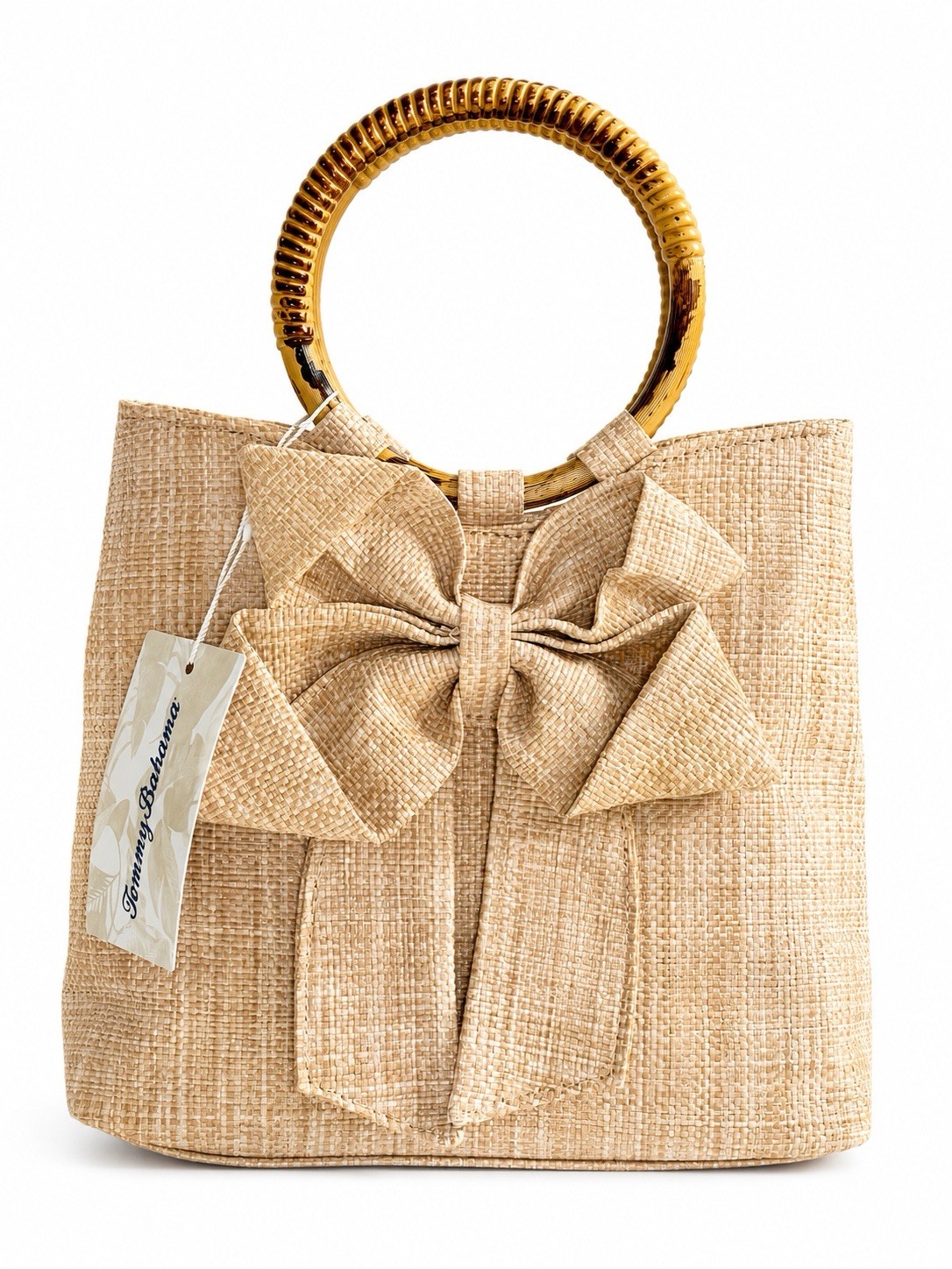Tommy Bahama Straw Tote Bag Bow Bamboo Ring Handle Beach Resort Handbag