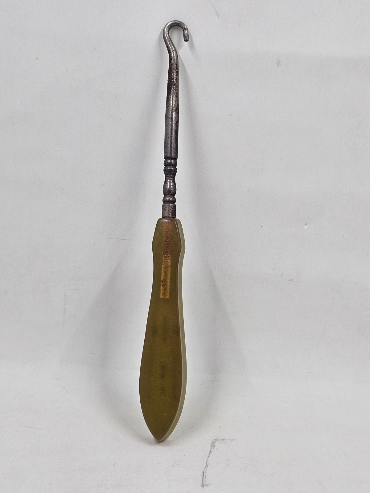 Antique Button Hook Olive Yellow Bakelite Handle Steel Shaft Victorian Shoe Tool