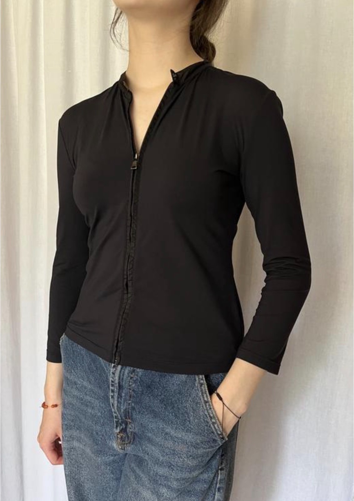 Prada Women’s black nylon-elastane blend zip-up top red tab Size S