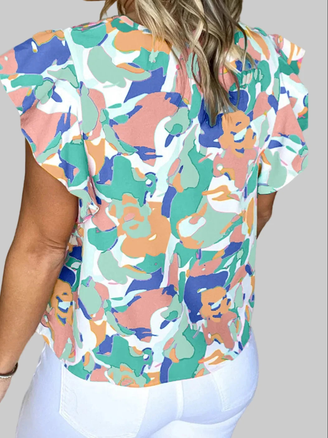 Women Ruffled Printed Notched Cap Sleeve Blouse