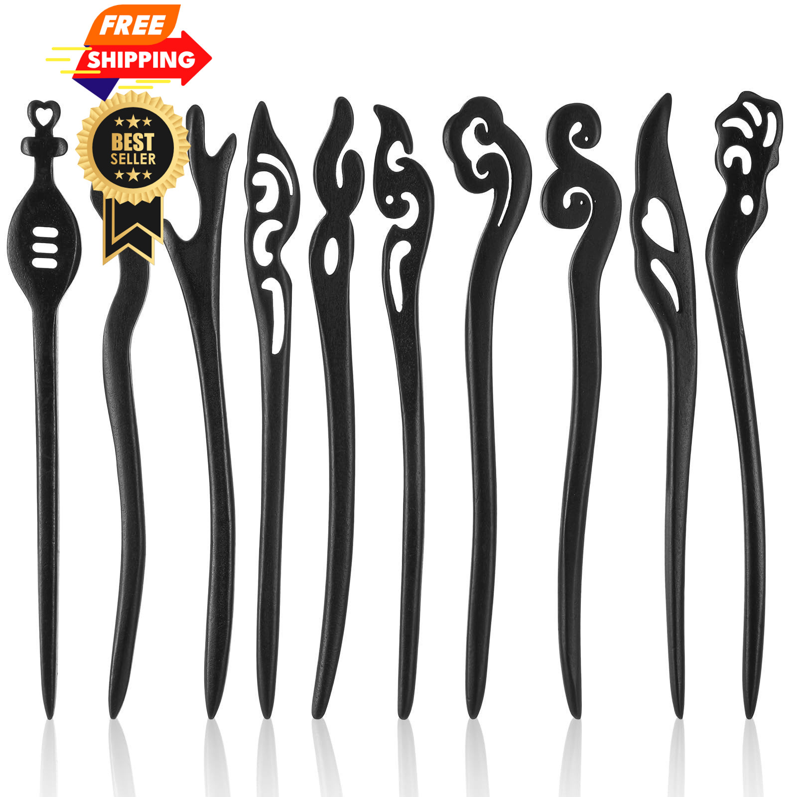 XLIUAX 10Pcs Wooden Hair Sticks for Women, 1 Count (Pack of 10), Black