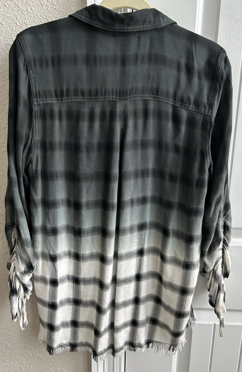 Dear John Button Up Ombre Shirt Med Frayed Hem Drawstring Sleeve Indie Vanguard