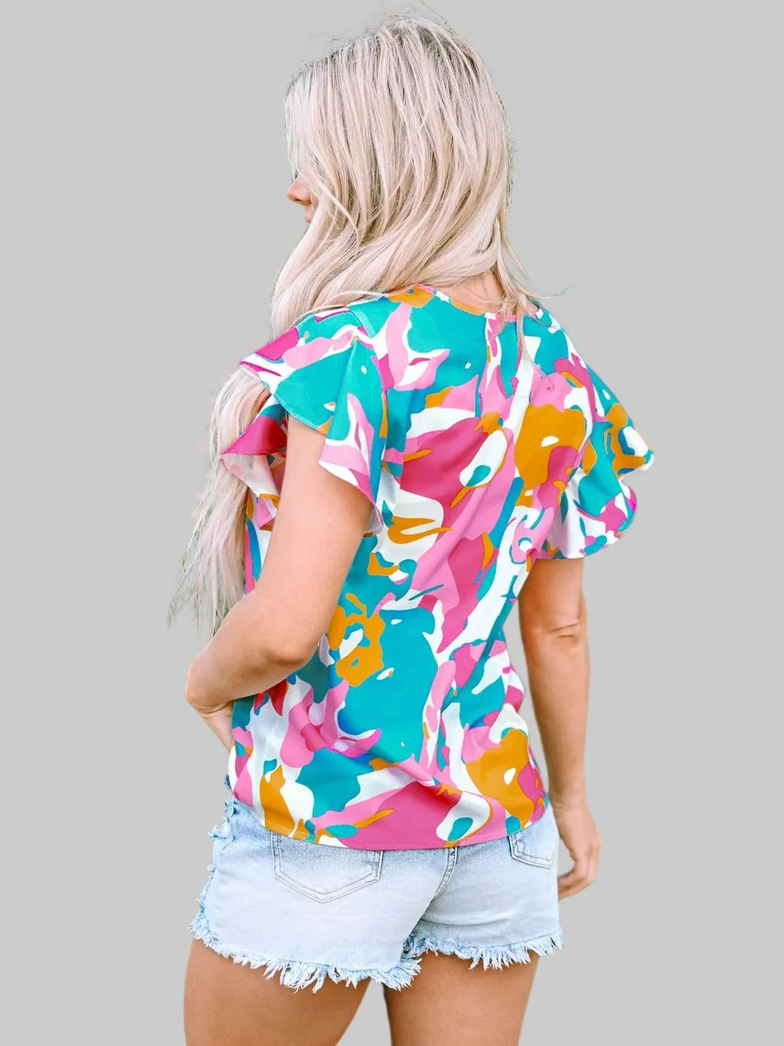 Women Ruffled Printed Notched Cap Sleeve Blouse