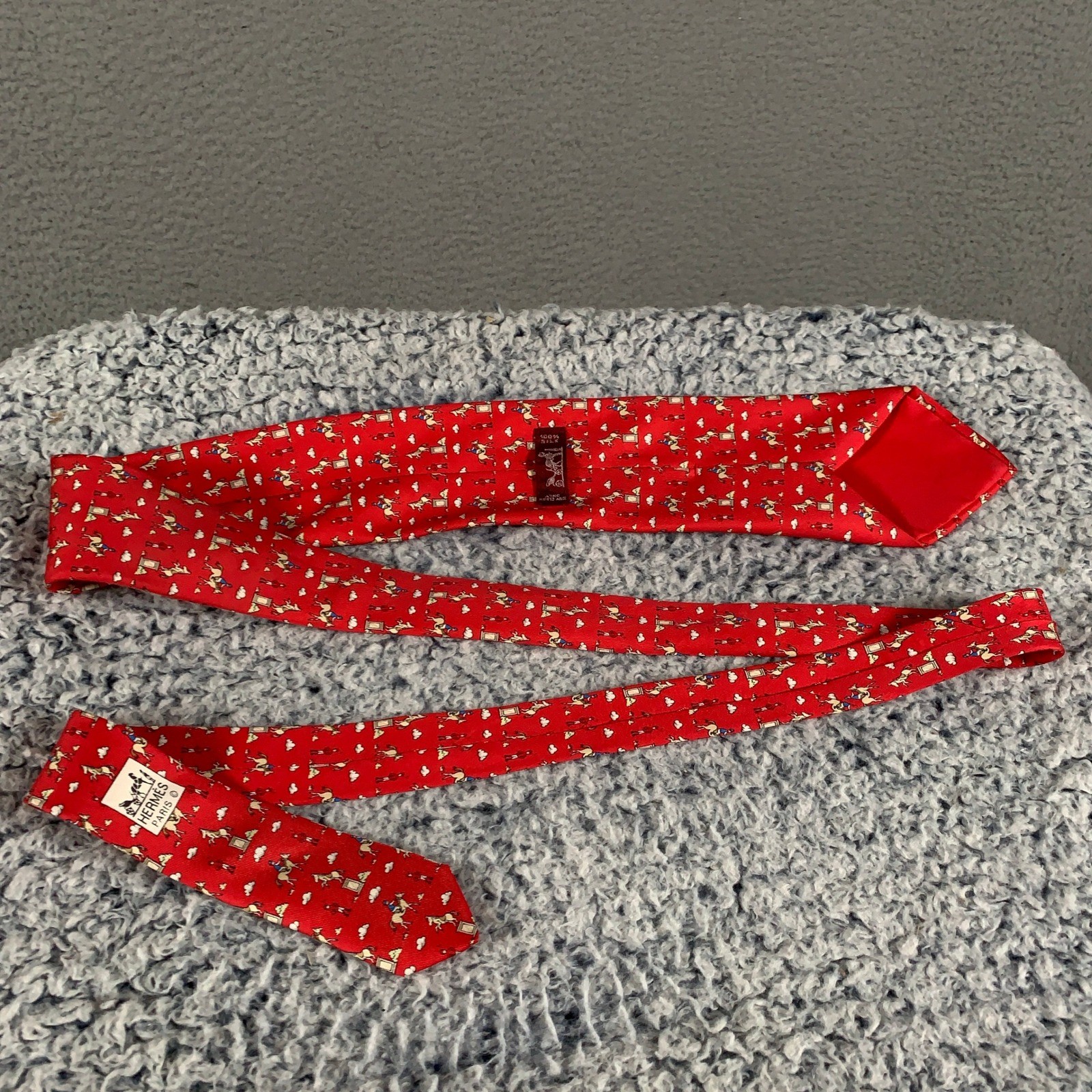 Hermes Silk Tie Mens OS Red Equestrian Jockey French Designer Jumping Horse
