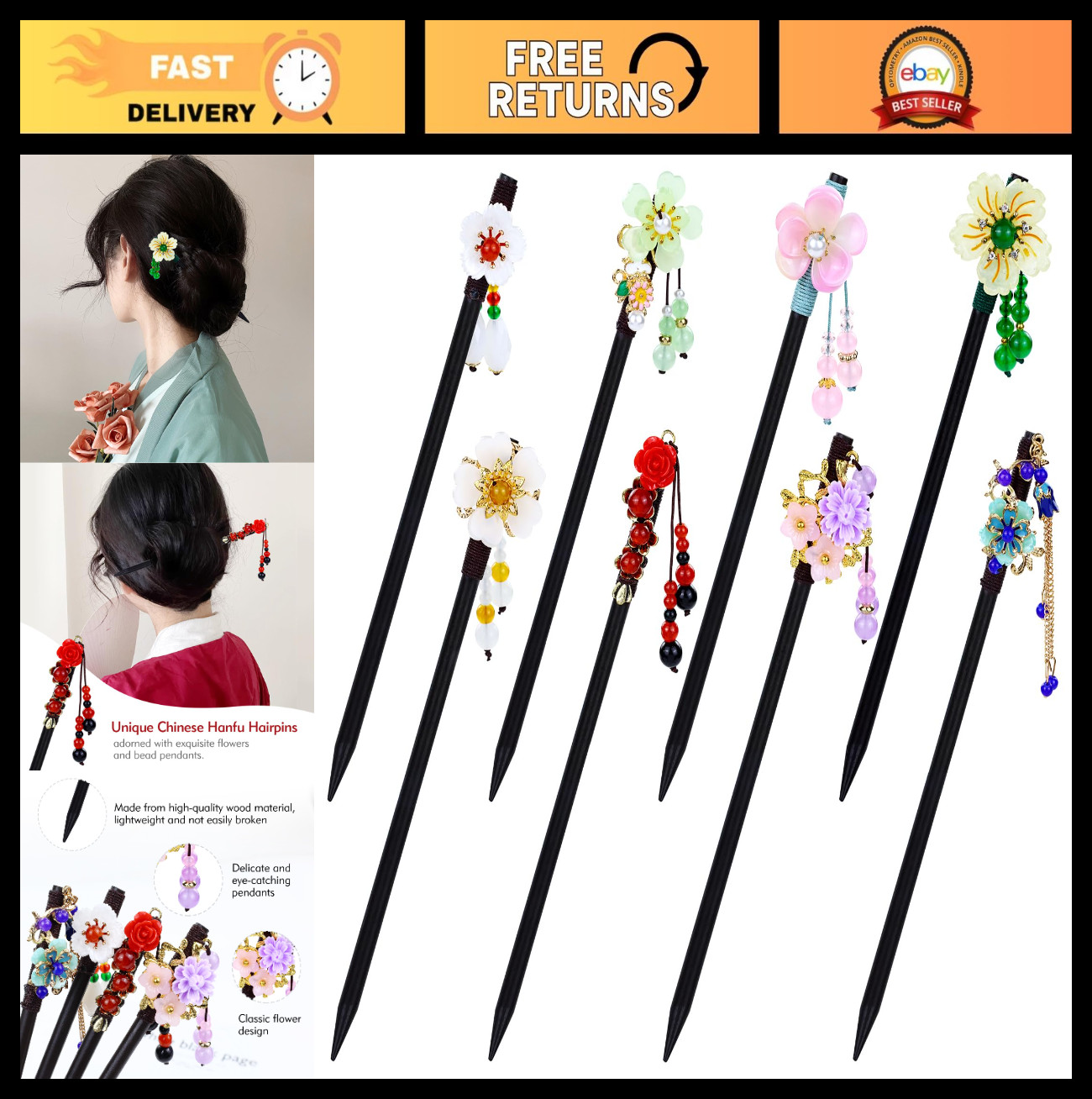8 Vintage Retro Asian Hair Sticks – Chinese Japanese Wooden Hair Pins with Beads