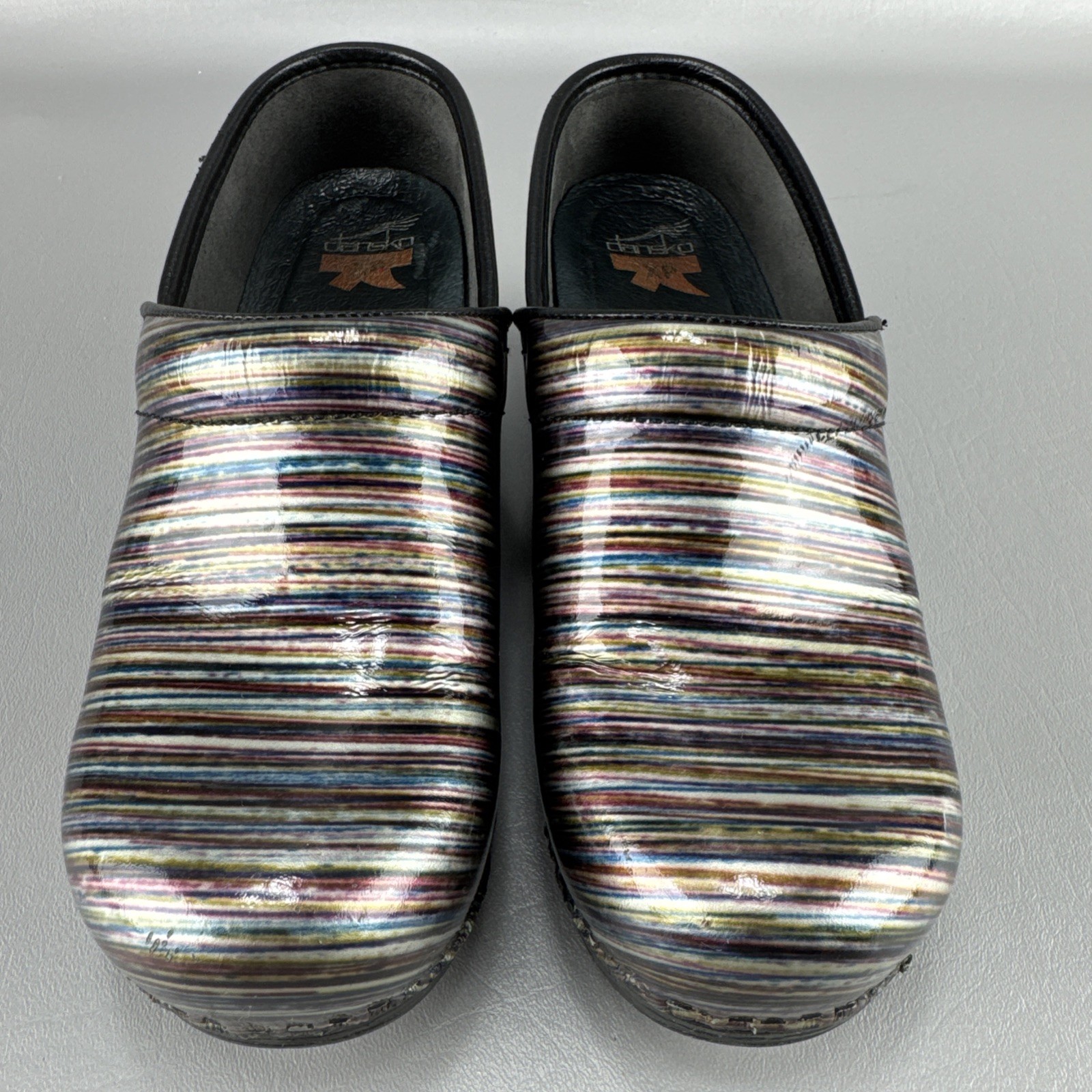 Dansko Pro XP Grey Multi-Colored Striped Patent Leather Clogs Sz 38 US 7.5-8