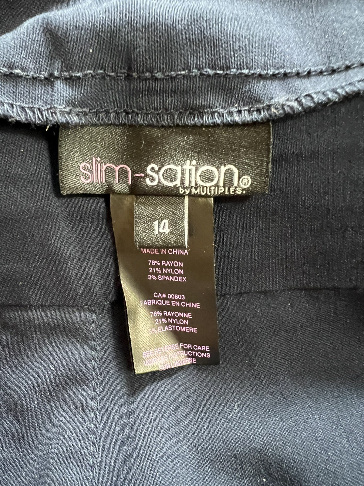 Slim-Sation by Multiples Navy Pull-On Stretch Straight Leg Pants Sz 14