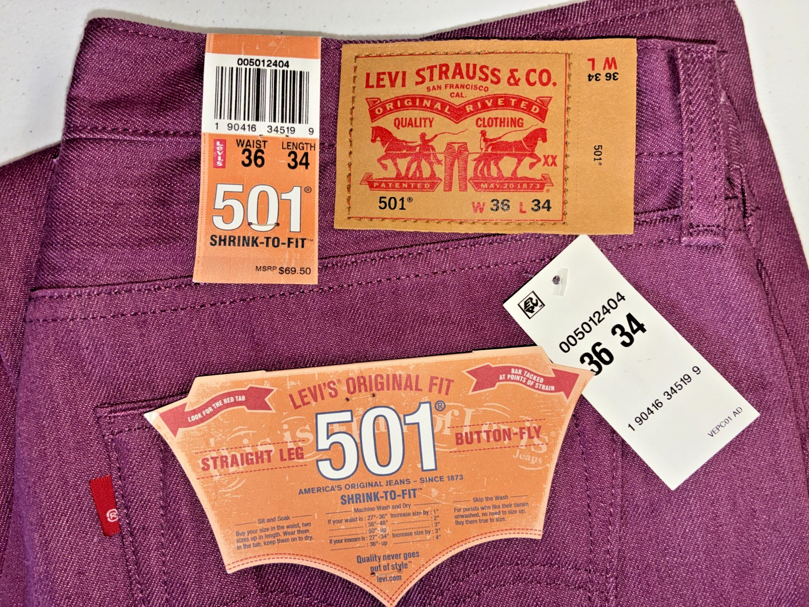 501 LEVI jeans Mens 36×34 straight leg, button fly, shrink to fit NEW Maroon