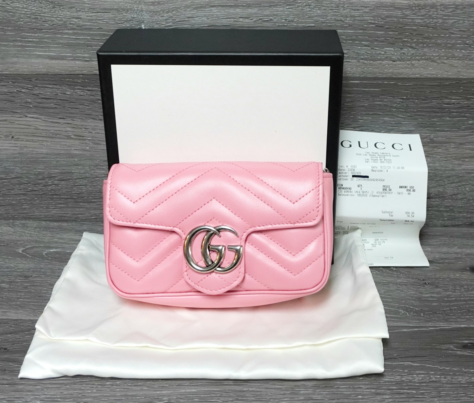 Brand New Gucci GG Marmont Super Mini Pink Matelasse Leather Crossbody Bag