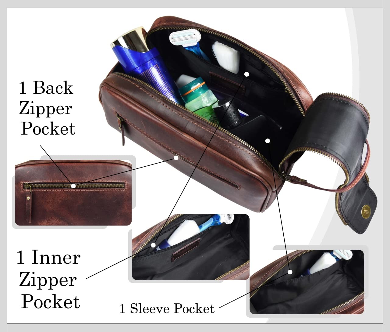10″ Premium Leather Toiletry Travel Pouch 10.5 x 5.5 x Inch, Dark Brown