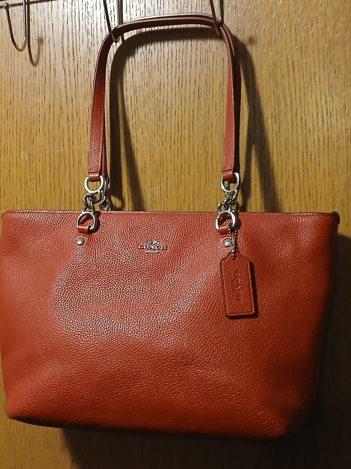 Authentic Coach Ava Chain Tote – Burnt Orange Pebbled Leather-Silver Stone Bag
