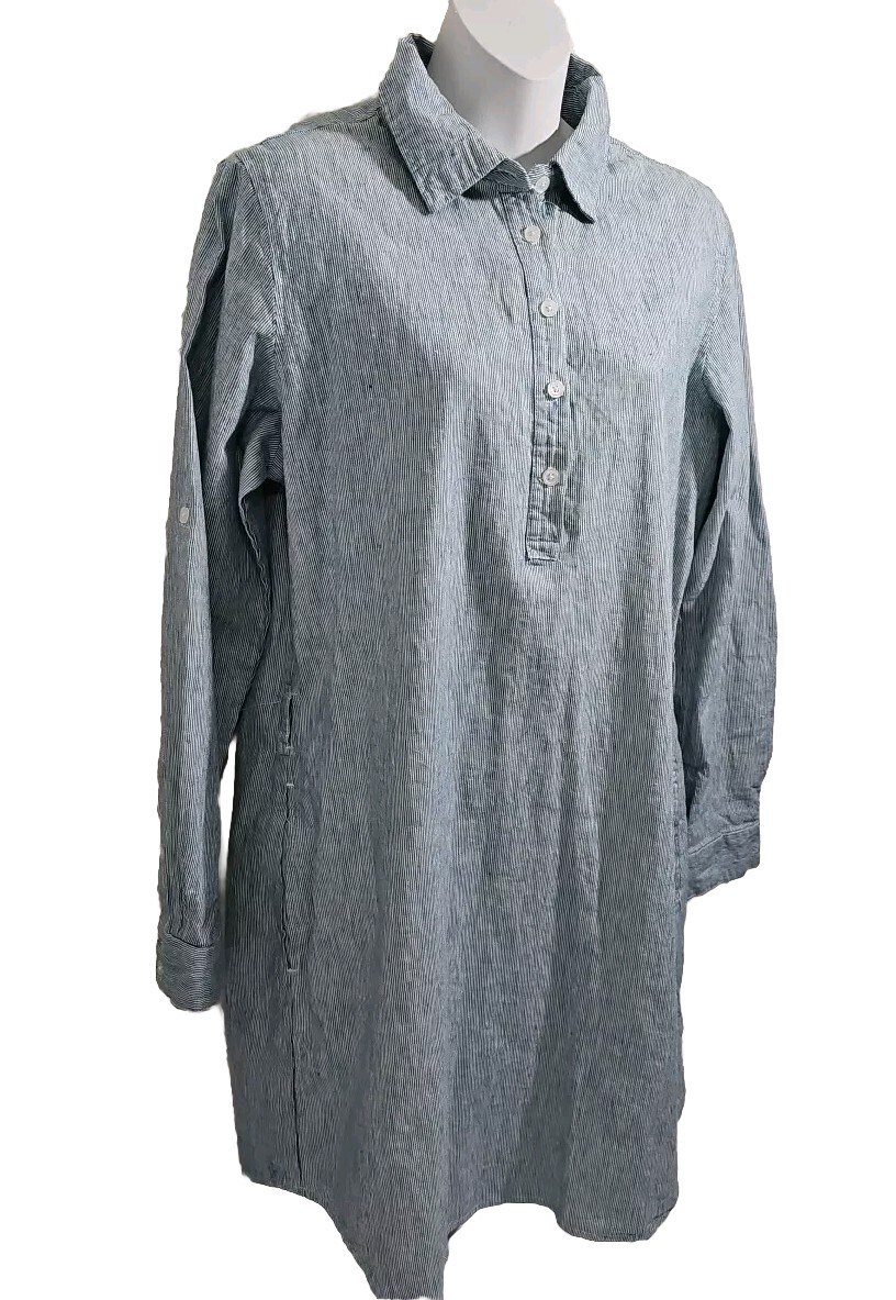 NWT Freedom Trail By Kyodan Large Shirt Dress Linen Blend Pinstripe Blue White