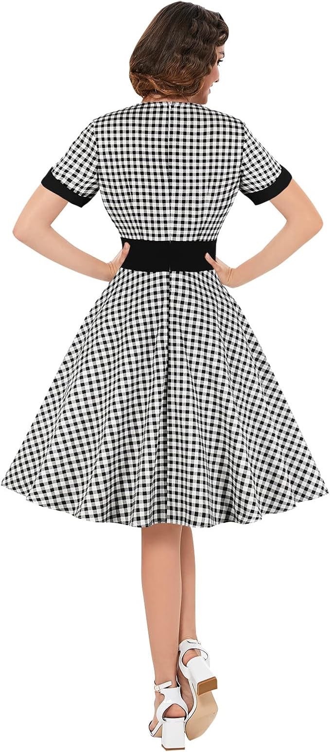 KILLREAL Women’s 50S Retro Rockabilly Short Sleeves Lapel Collar Office Dress