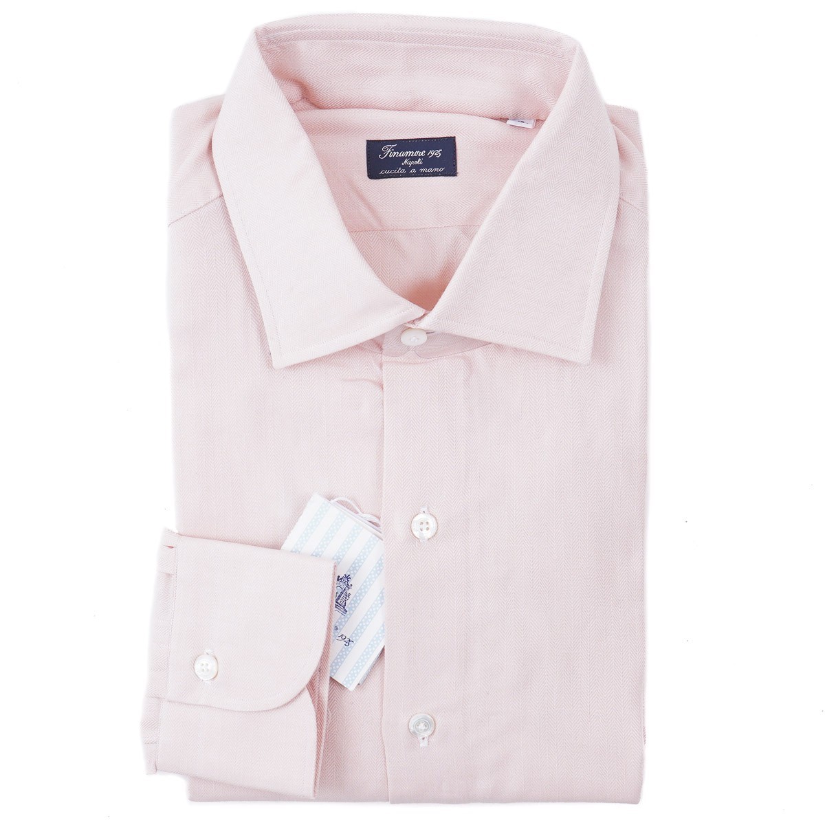 Finamore Napoli Pink Herringbone Carlo Riva Cotton-Cashmere Dress Shirt 17 NWT