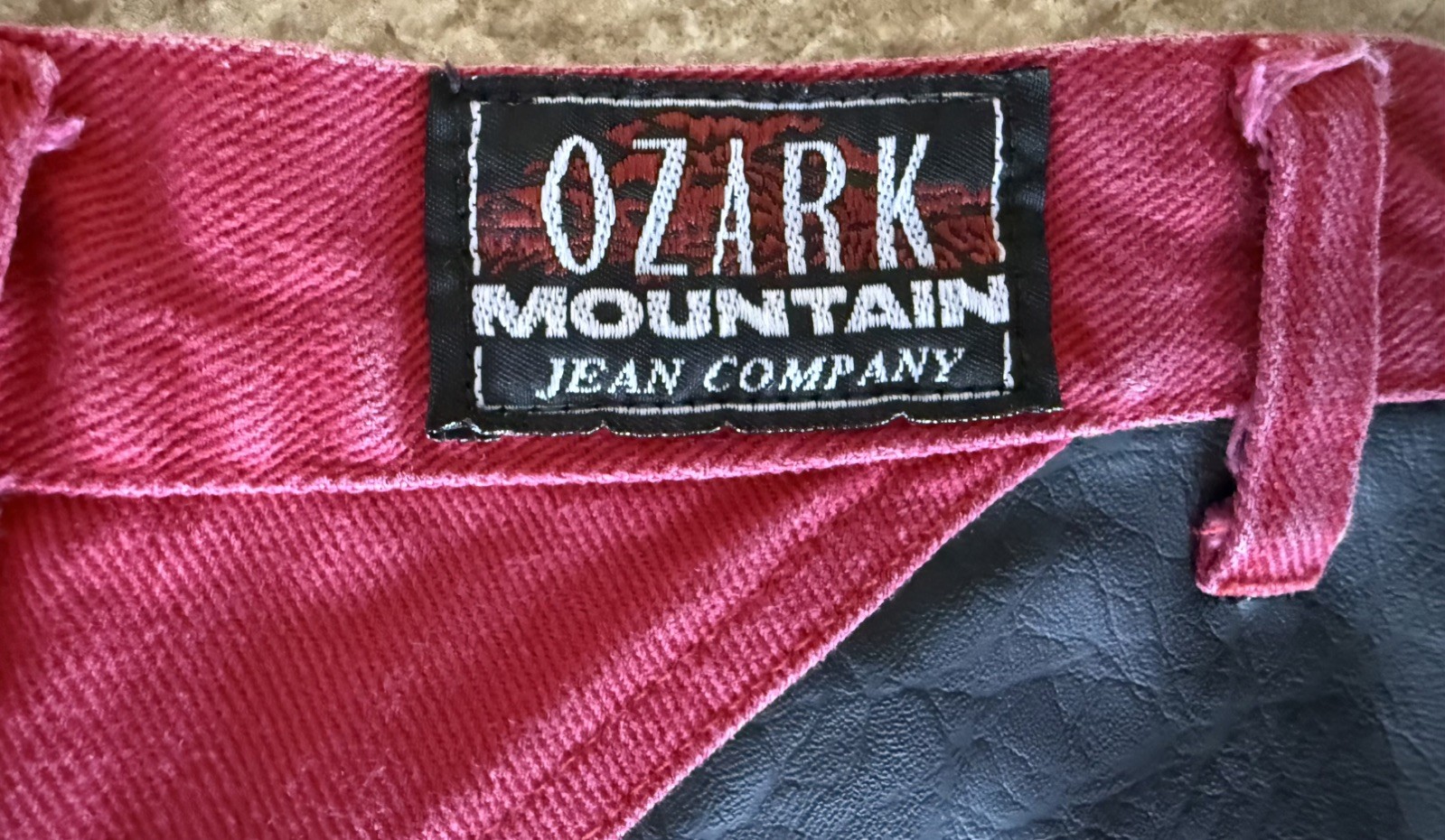Vintage 90s Ozark Mountain red Western jeans with leather, straight‑leg size 5