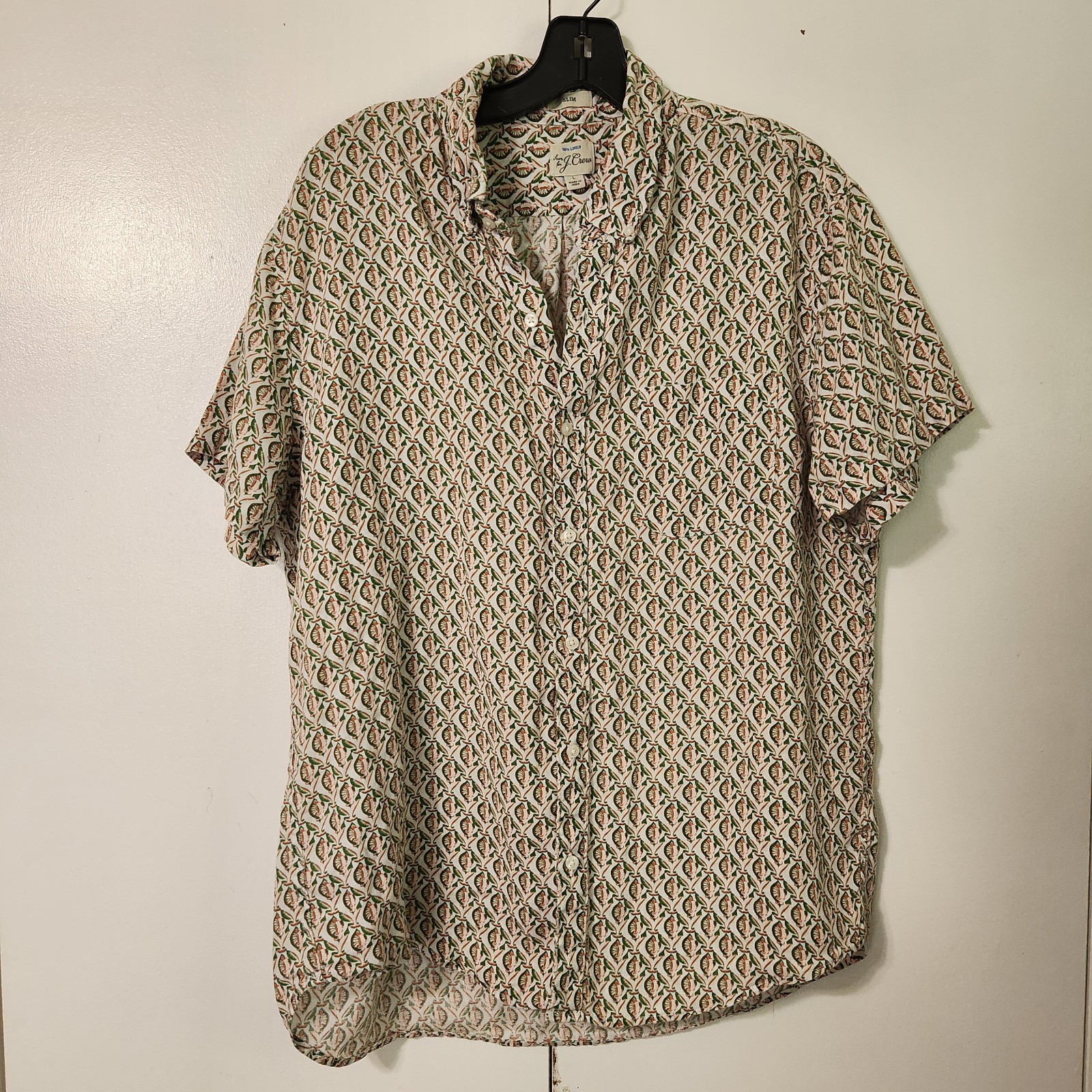 J.Crew Baird McNutt Irish Linen Shirt Mens L Classic Fit Leaf Print Button Front