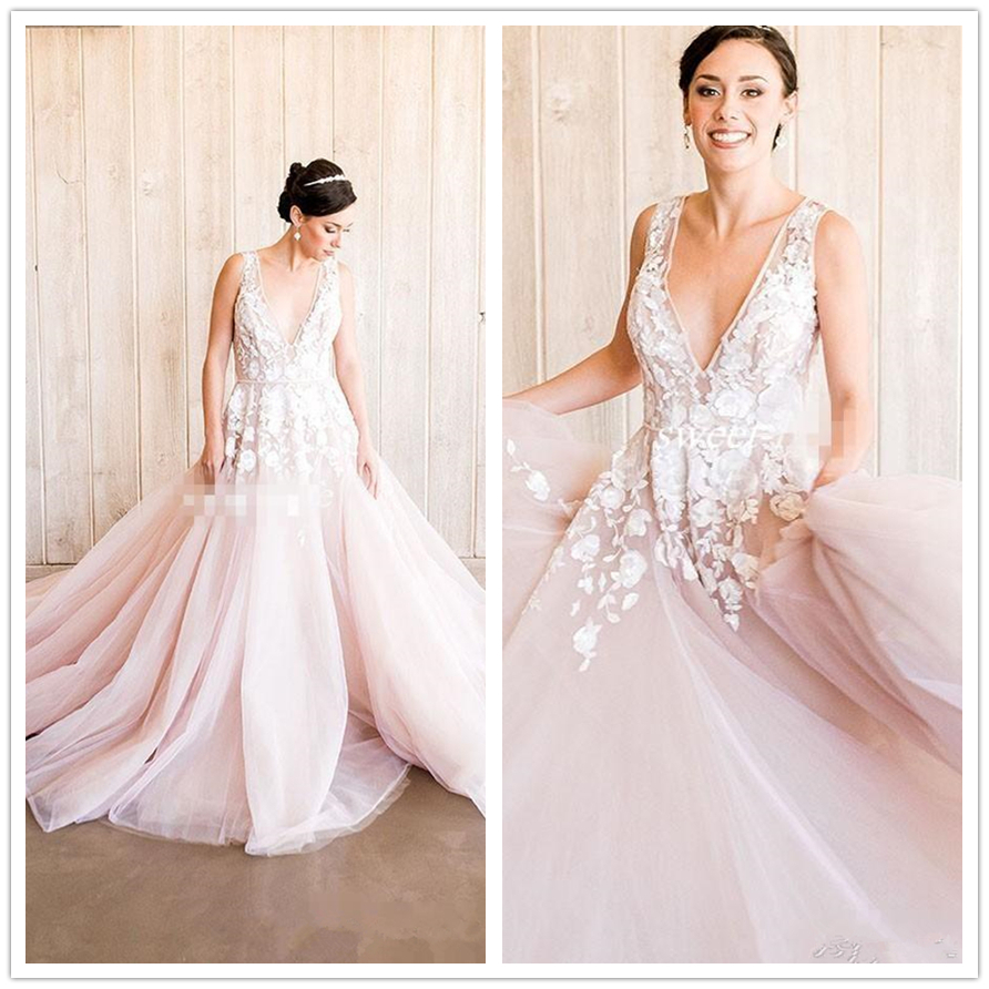 Blush A Line V Neck Wedding Gowns Applique Bridal Dress Size 4 6 8 10 12 14 16++