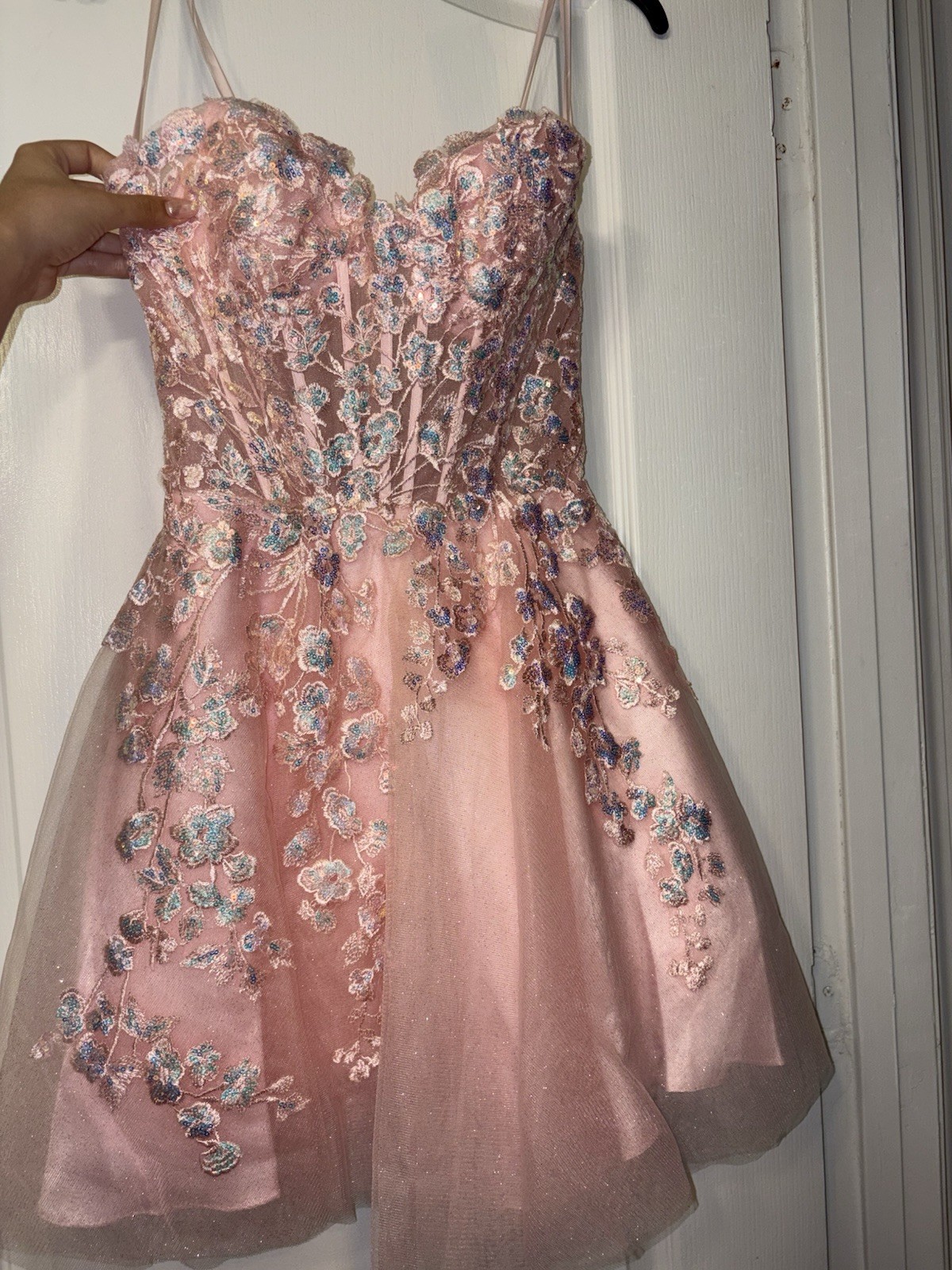 So Sweet Boutique Pink Floral Embroidered Tulle Lace-Up Short A-Line Dress S