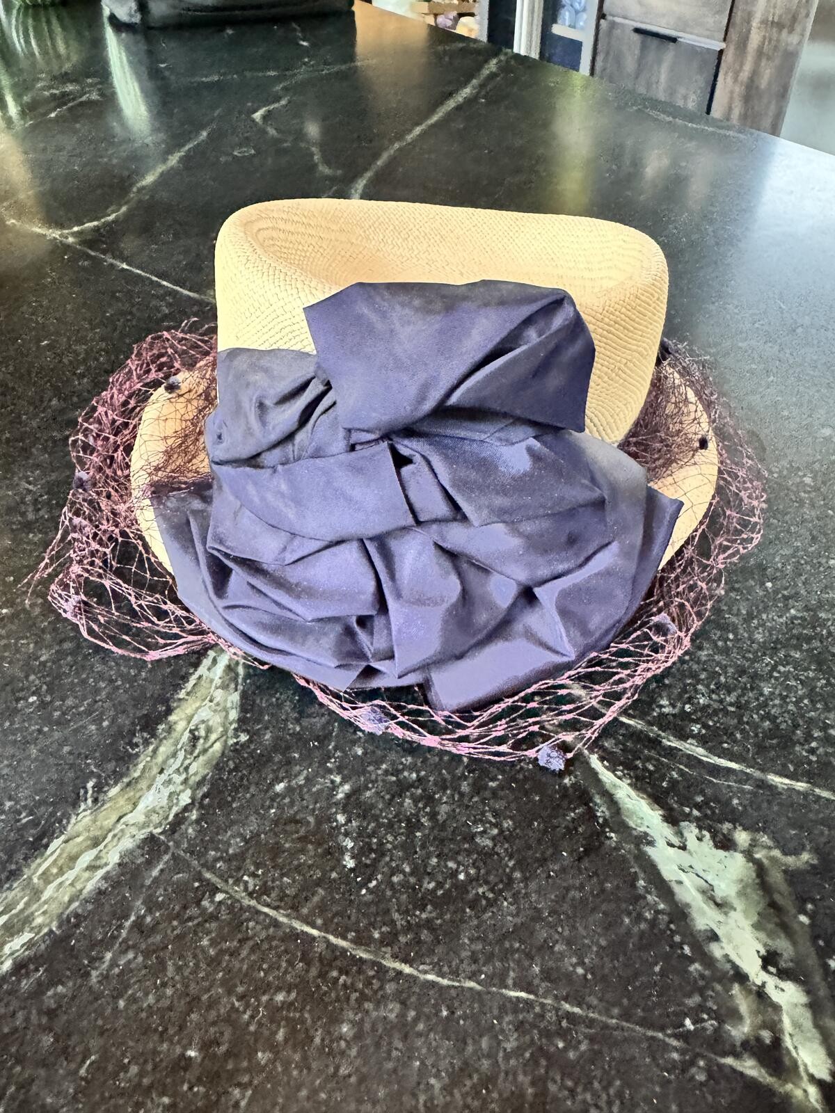 Vintage Formal Straw Derby Hat with Large Navy Bow & Veiling