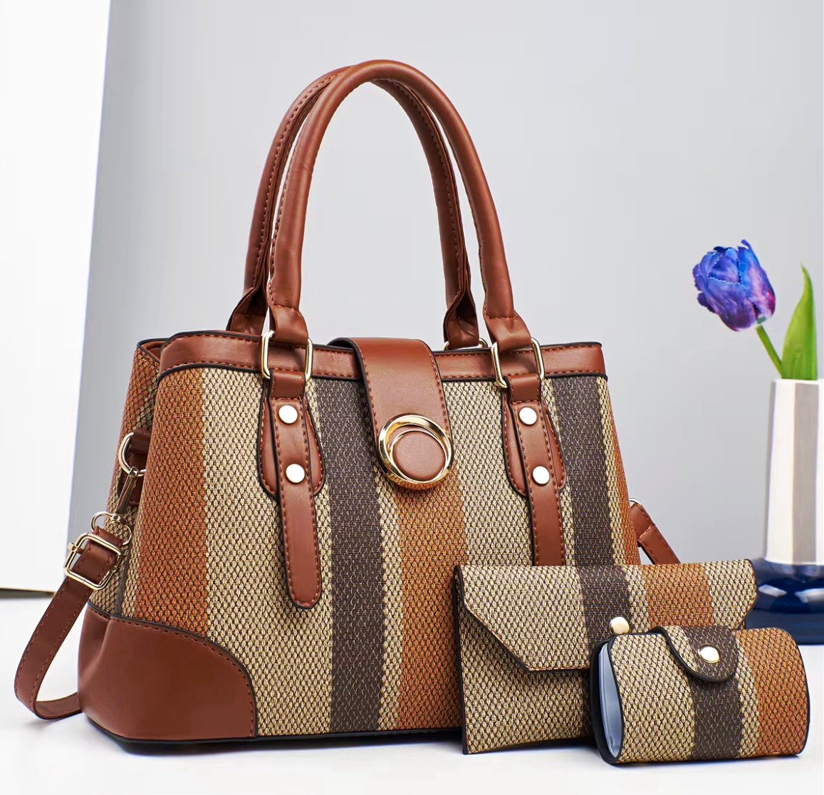 Women’s Brown Beige Striped Satchel Top Handle Zip Set w Strap Pouch Coin Purse