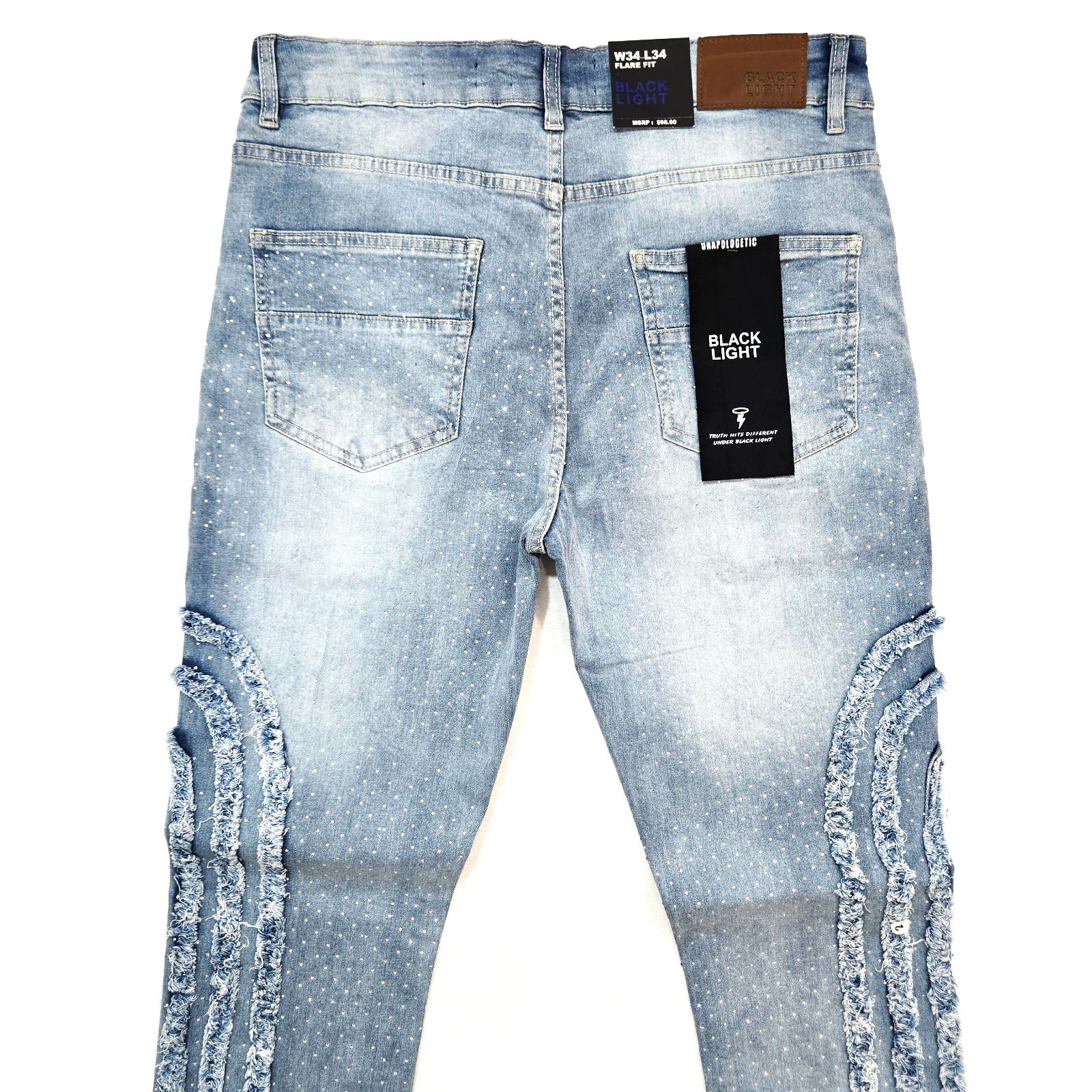Black Light Men Jeans Stretch Slim Straight Flare Fit Med Blue Denim Rhinestone