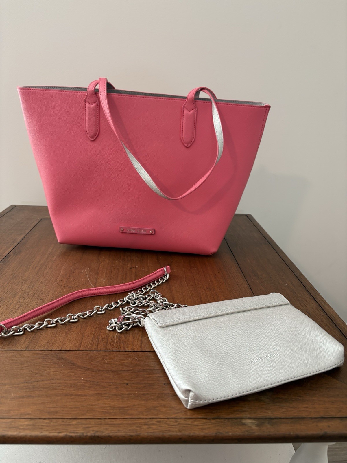 Anne Klein Large Pink Tote Bag w/ Silver Chain Strap Pocketbook Pouch