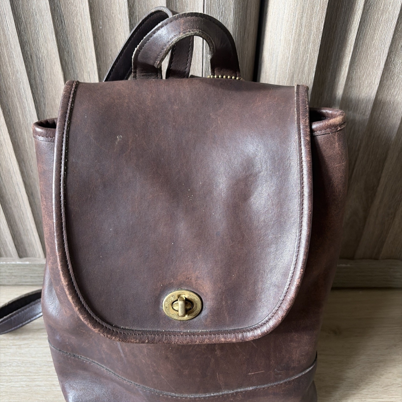 Vintage Coach USA Brown Leather Backpack Turnlock Drawstring Small Bag