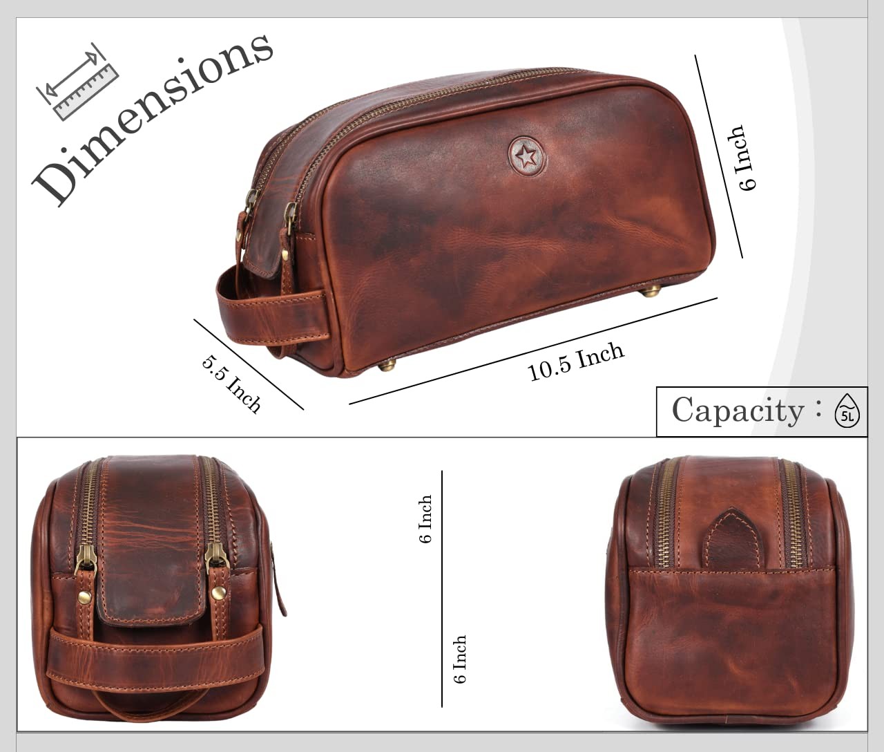 10″ Premium Leather Toiletry Travel Pouch 10.5 x 5.5 x Inch, Dark Brown