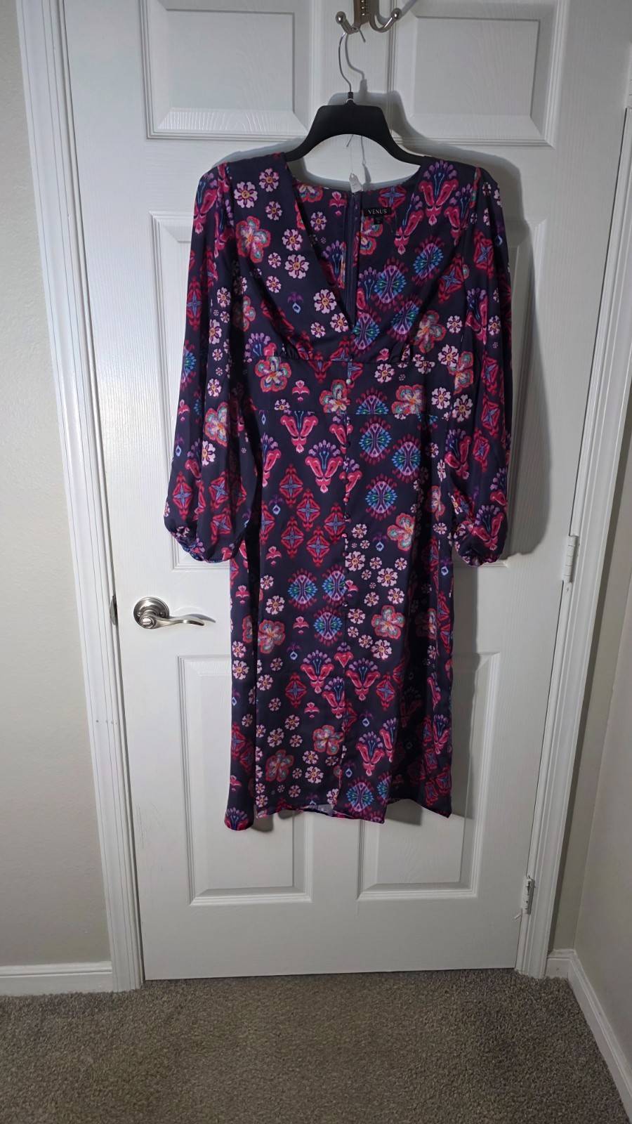 Venus WOMEN’S DIGITAL IKAT PRINT RUCHED SLEEVES RAYON MIDI DRESS