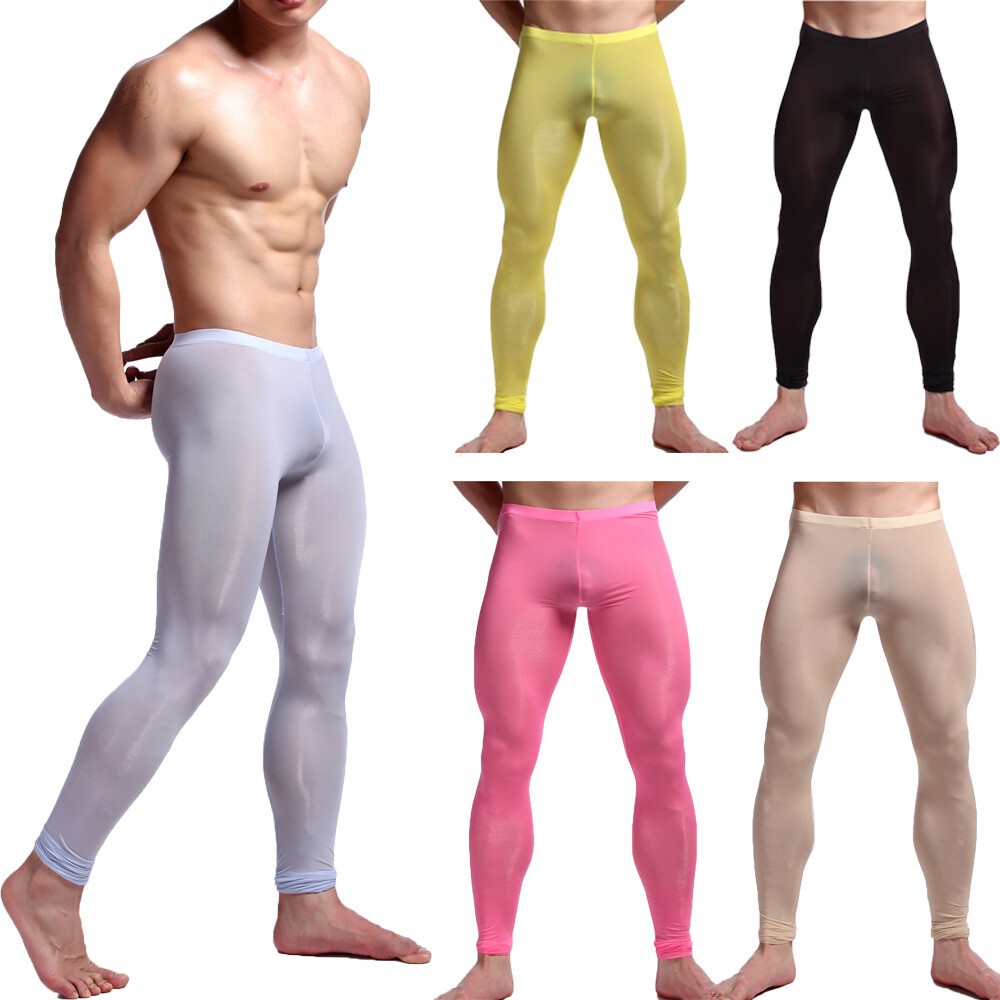 Men SexyLingerie Ice Silk Thin Long Johns Pants Leggings Sleepwear Underwear GYM