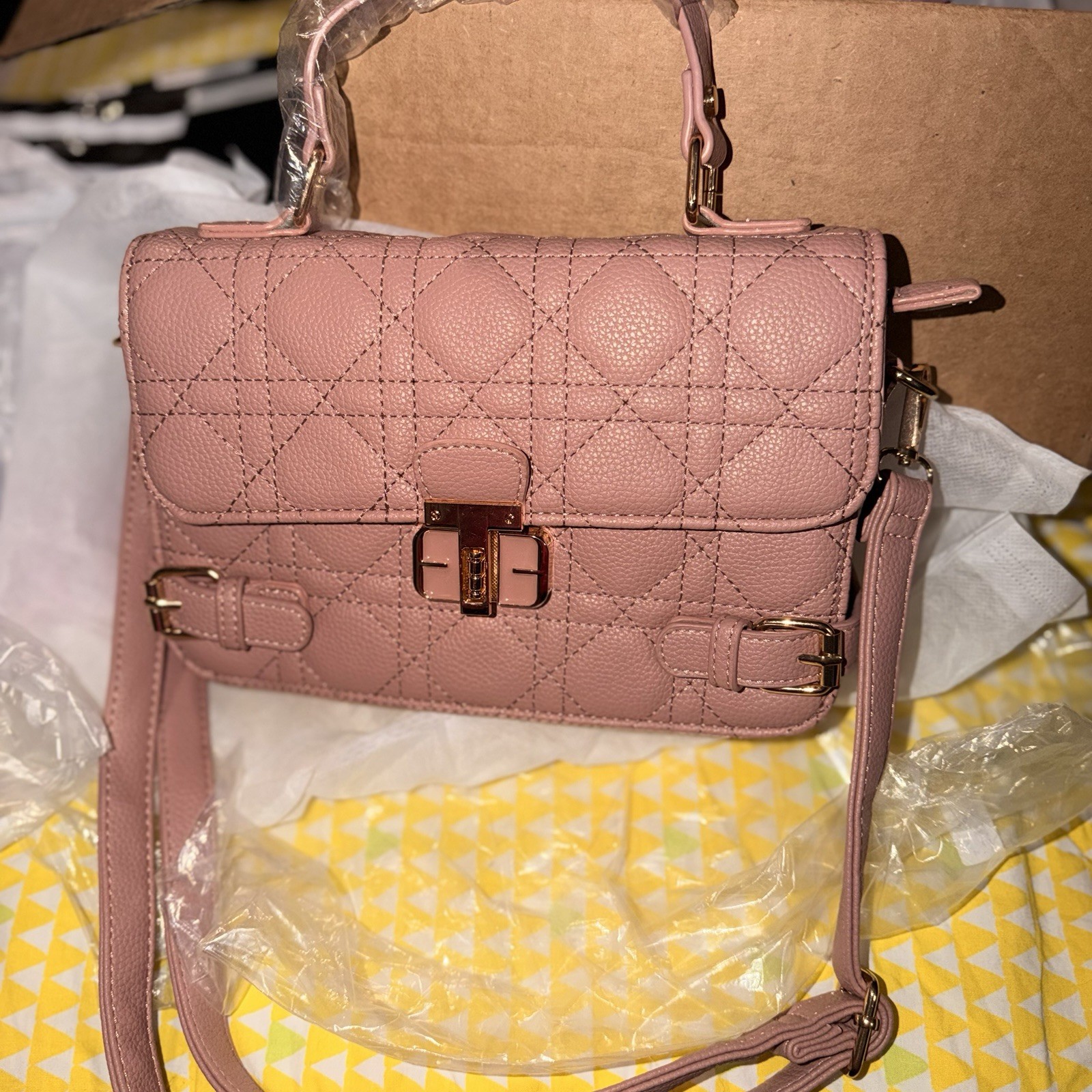 Jolene Couture Pink Quilted Satchel Top Handle Bag Buckle Accent Turn Lock