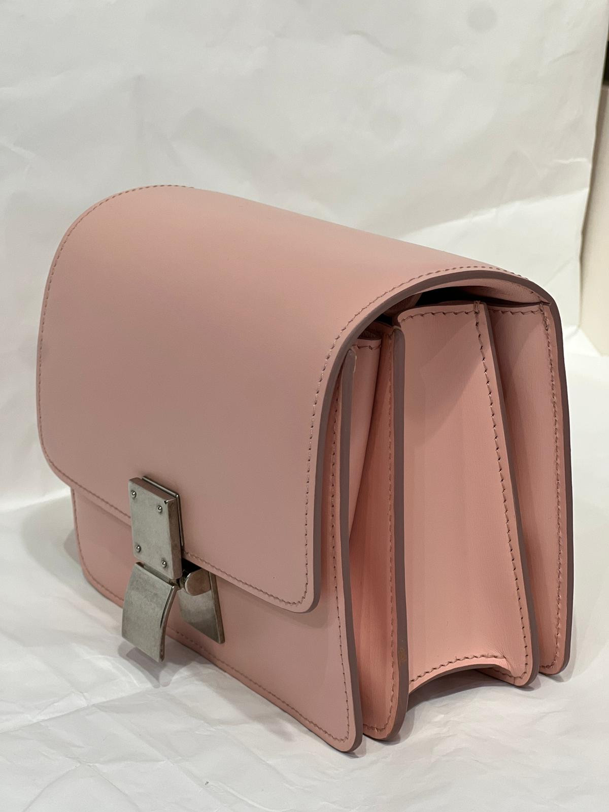 Authentic Celine Classic Box Mini Smooth Calfskin Shoulder Bag Pink Silver-Tone