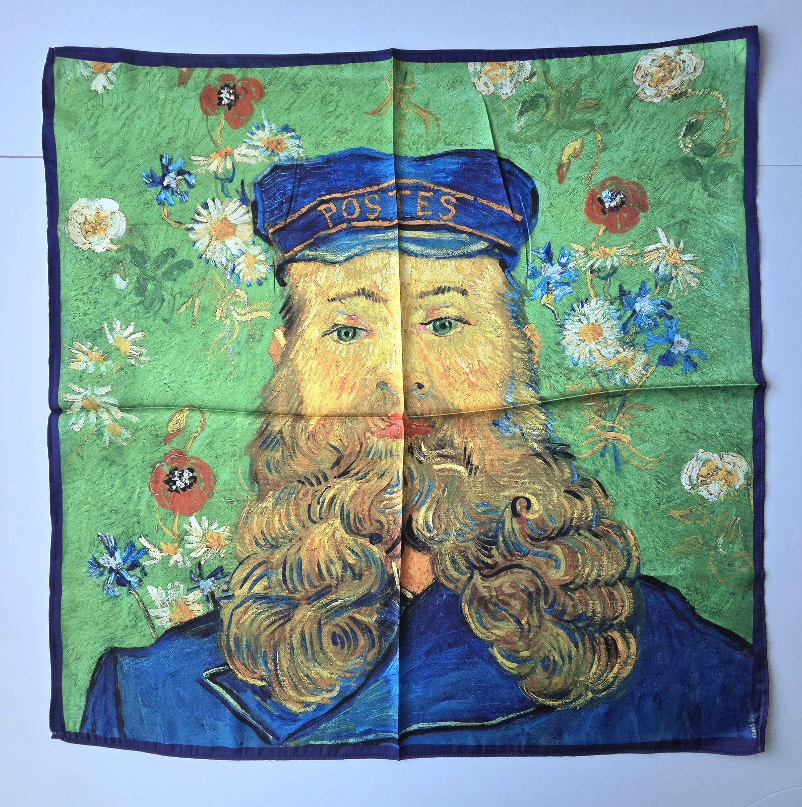 NEW Van Gogh Postman Art SCARF Faux Silk Green Impressionism Man Beard 21″ READ
