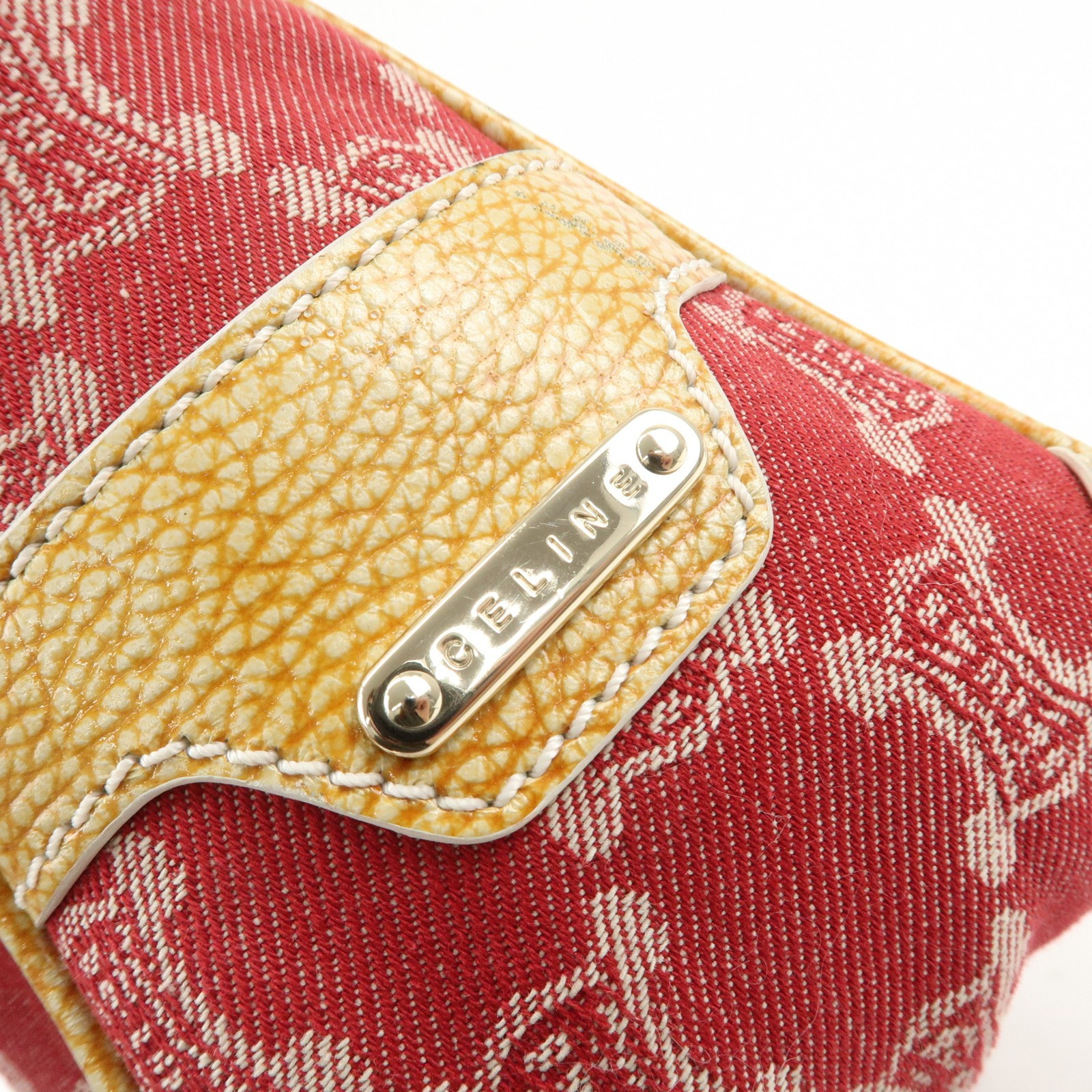 CELINE Macadam Boogie Canvas Leather Hand Bag Red Beige Authentic Used F/S