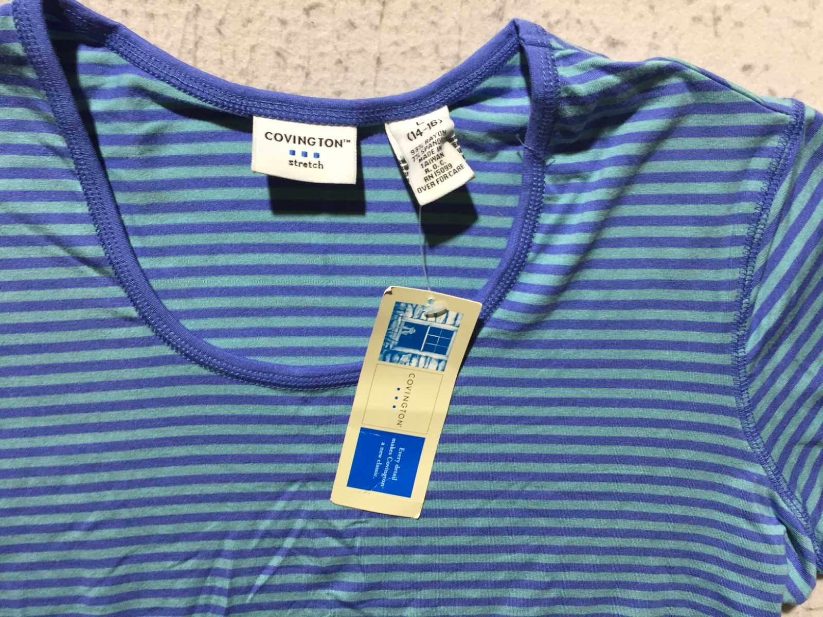 NEW Covington Stretch Shirt Womens L Large 14-16 Blue Striped Long Sleeve Scoop