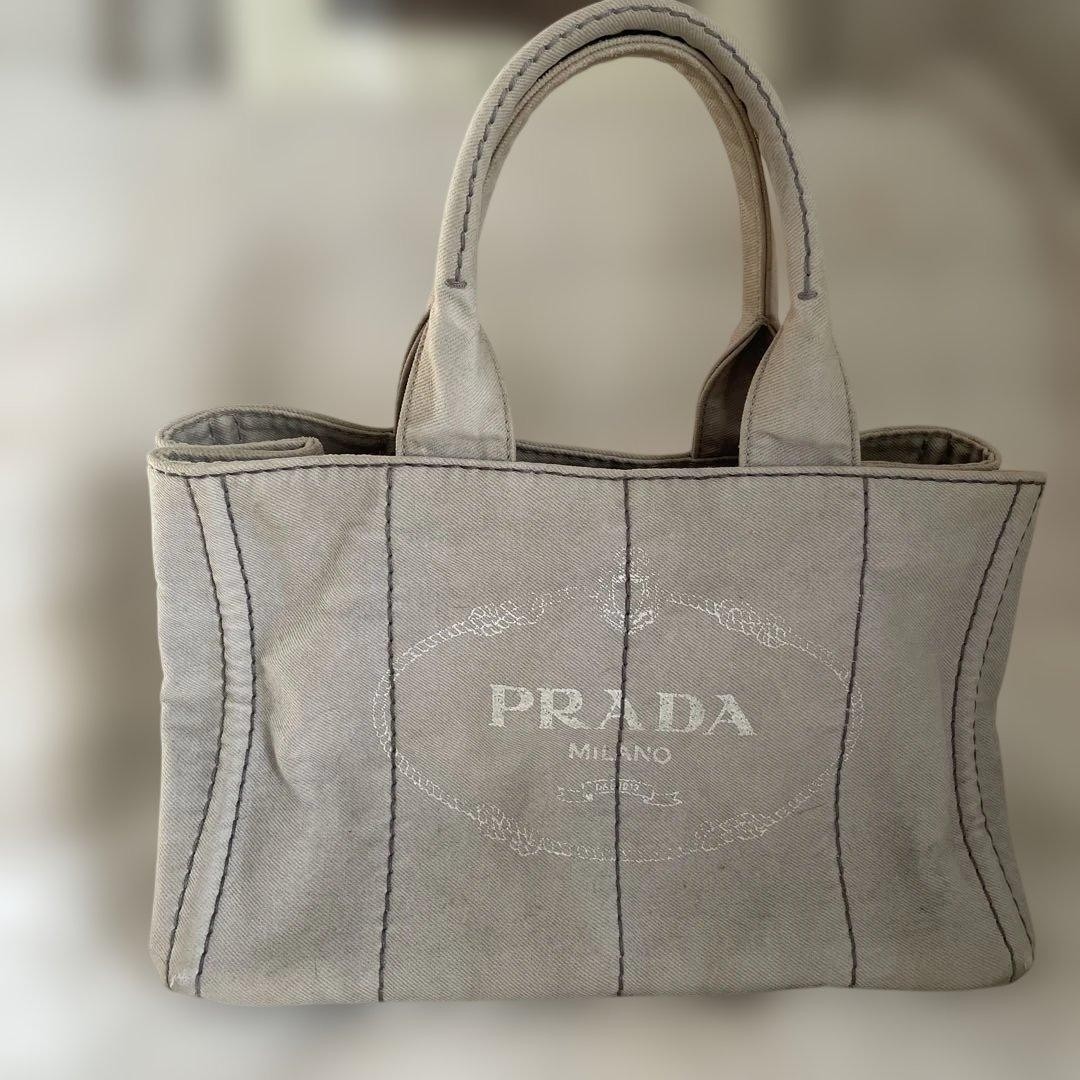 PRADA Canapa Canvas Tote Handbag Greige Triangle Logo Plate Bag Women Junk