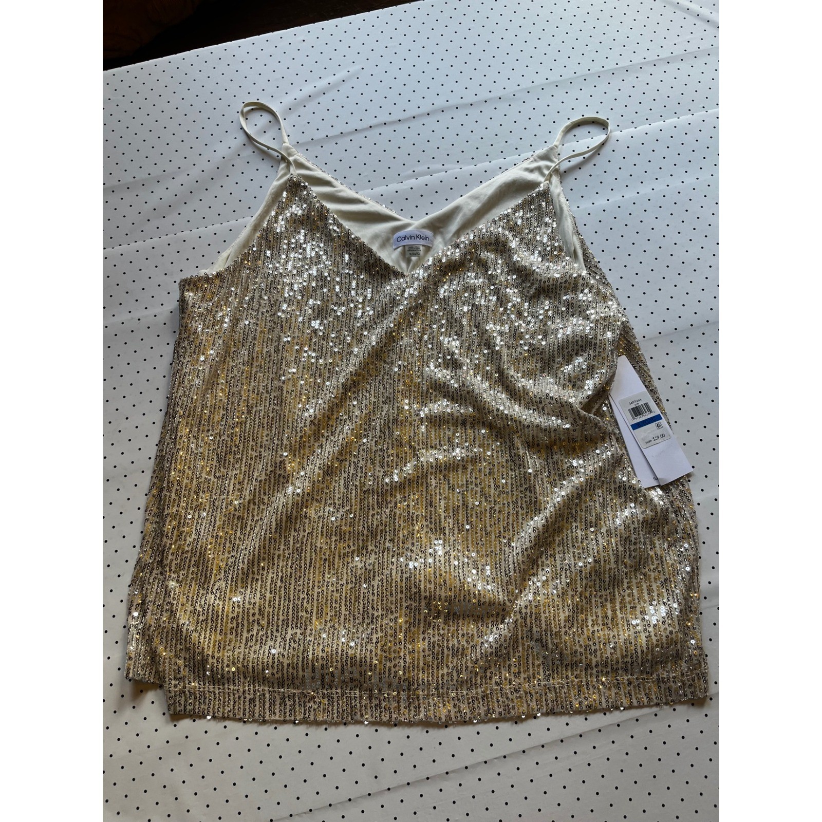 Calvin Klein Womens Sequin Cami Top Champagne Gold V-Neck XL NWT S49TF46A