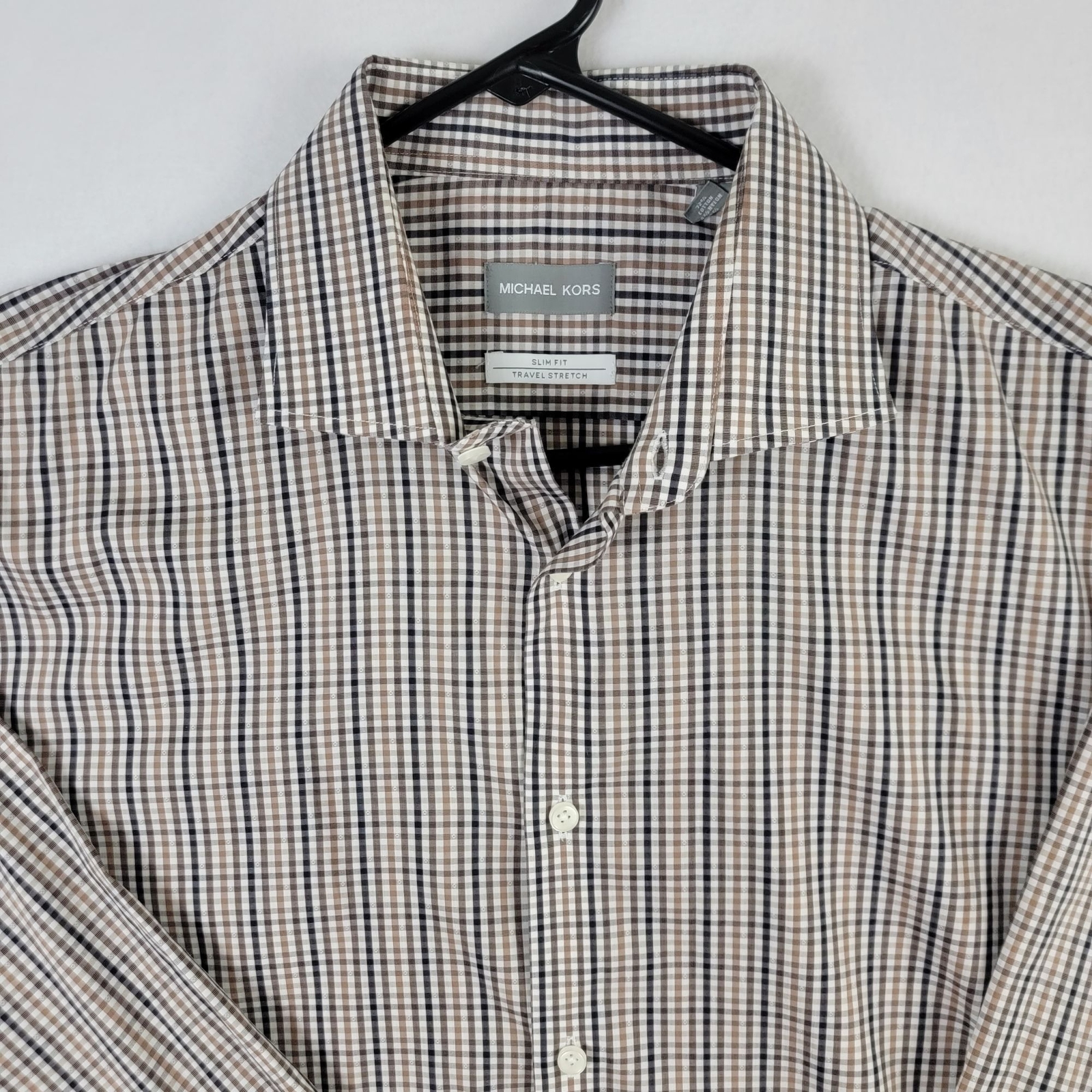 Michael Kors Slim Fit Travel Stretch Mens L Checkered Button-Up Shirt 16.5 34/35