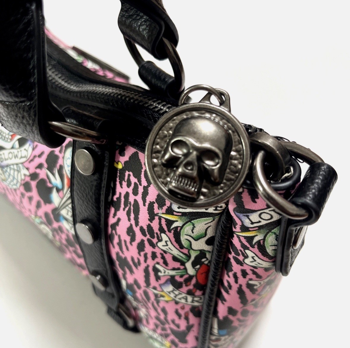 Ed Hardy Pink Leopard Print Tattoo Skull Crossbody/Shoulder Bag Y2K Style