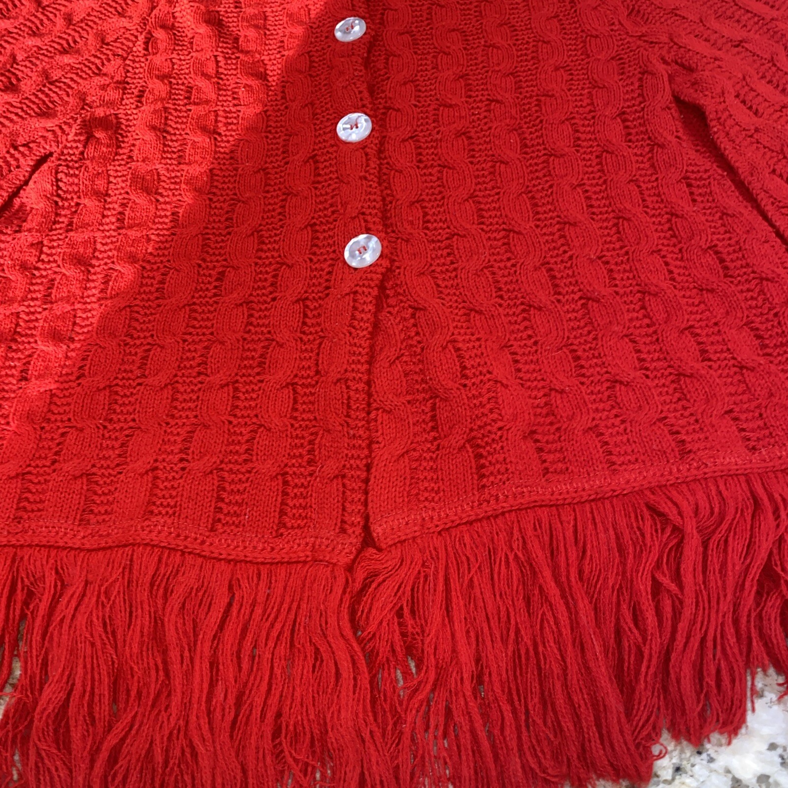 Montgomery Ward Button Up Acrylic Knit Poncho Fringe Red Vtg 70’s Sweater