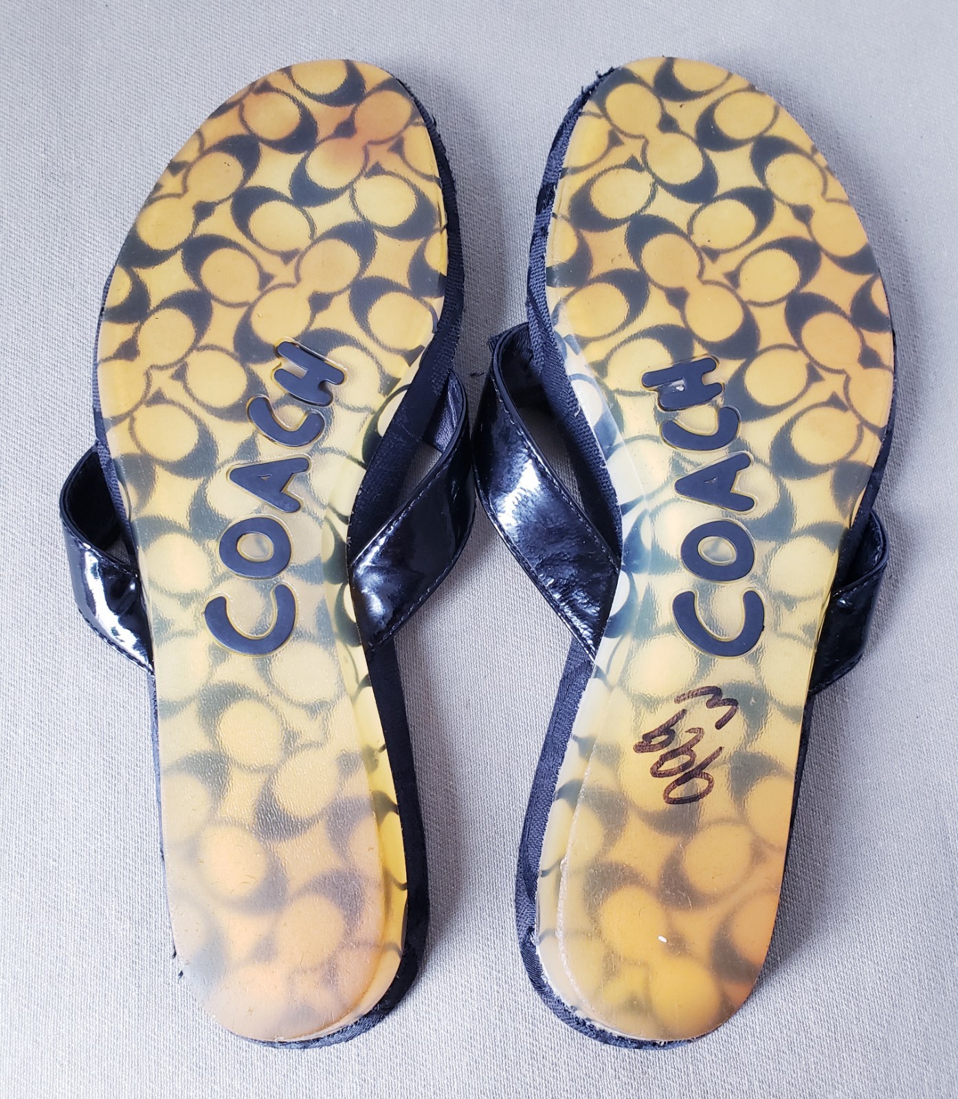 COACH Sparkle Serenity Black Patent Leather Flip Flops Sandals Bling Charm