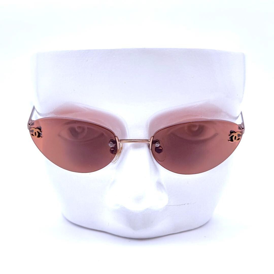 CHANEL 4003 Rimless Oval Sunglasses Bronze Red Lens Coco Mark Retro Chic