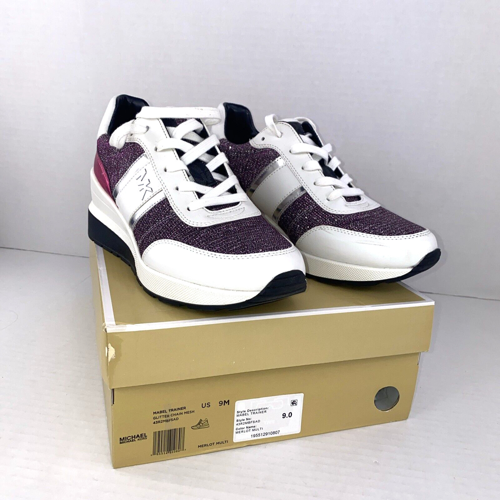 Michael Kors Mabel Trainers Sneakers Merlot Size 9 White Pink Glitter B3F